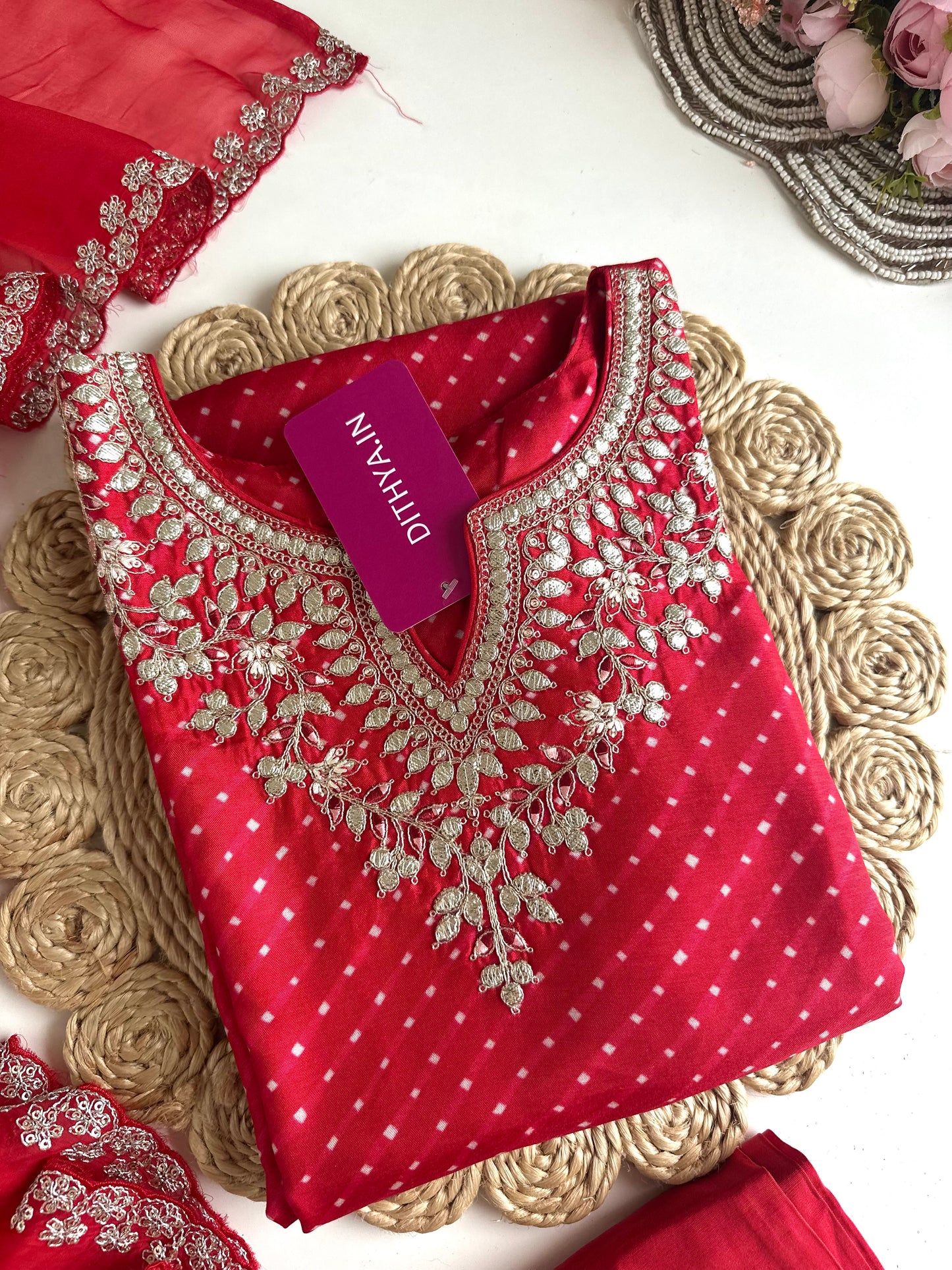 K341 - Russian silk gota work straight Kurti with pants and dupatta