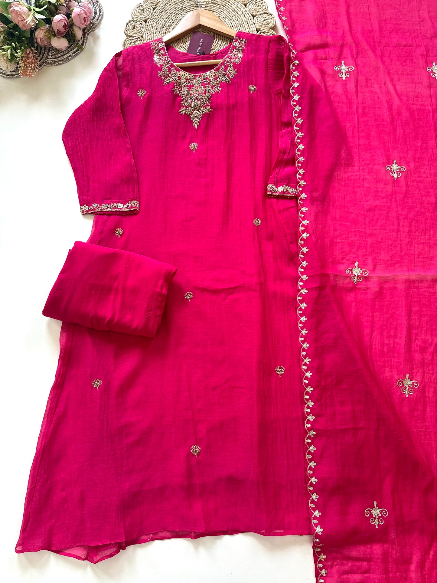 K170 - Zardosi work Mul Chanderi Aline Kurti with pants and dupatta.