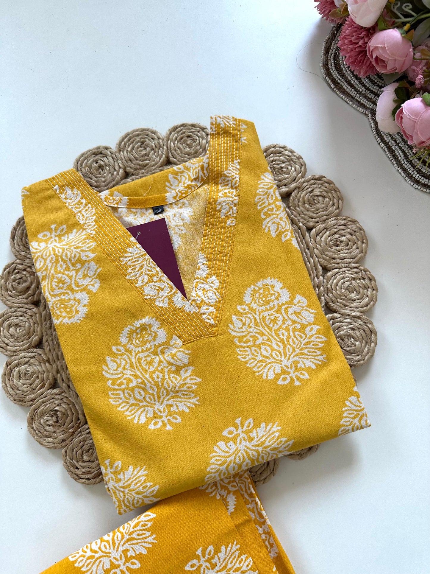 K395 - Cotton Aline Kurti with pants in 2 colours