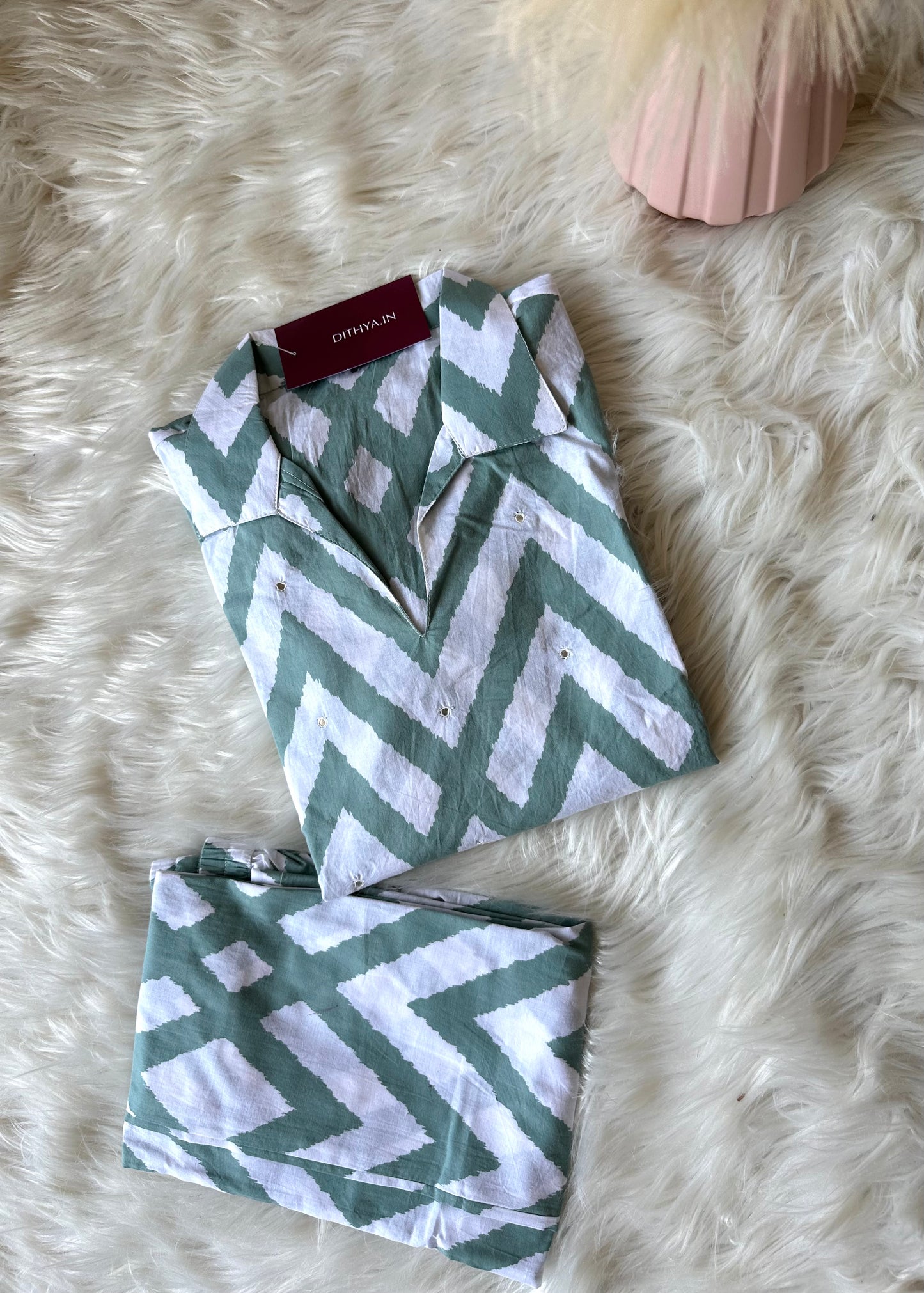 K214 - Mulmul cotton printed Aline Kurti with pants in 2 prints