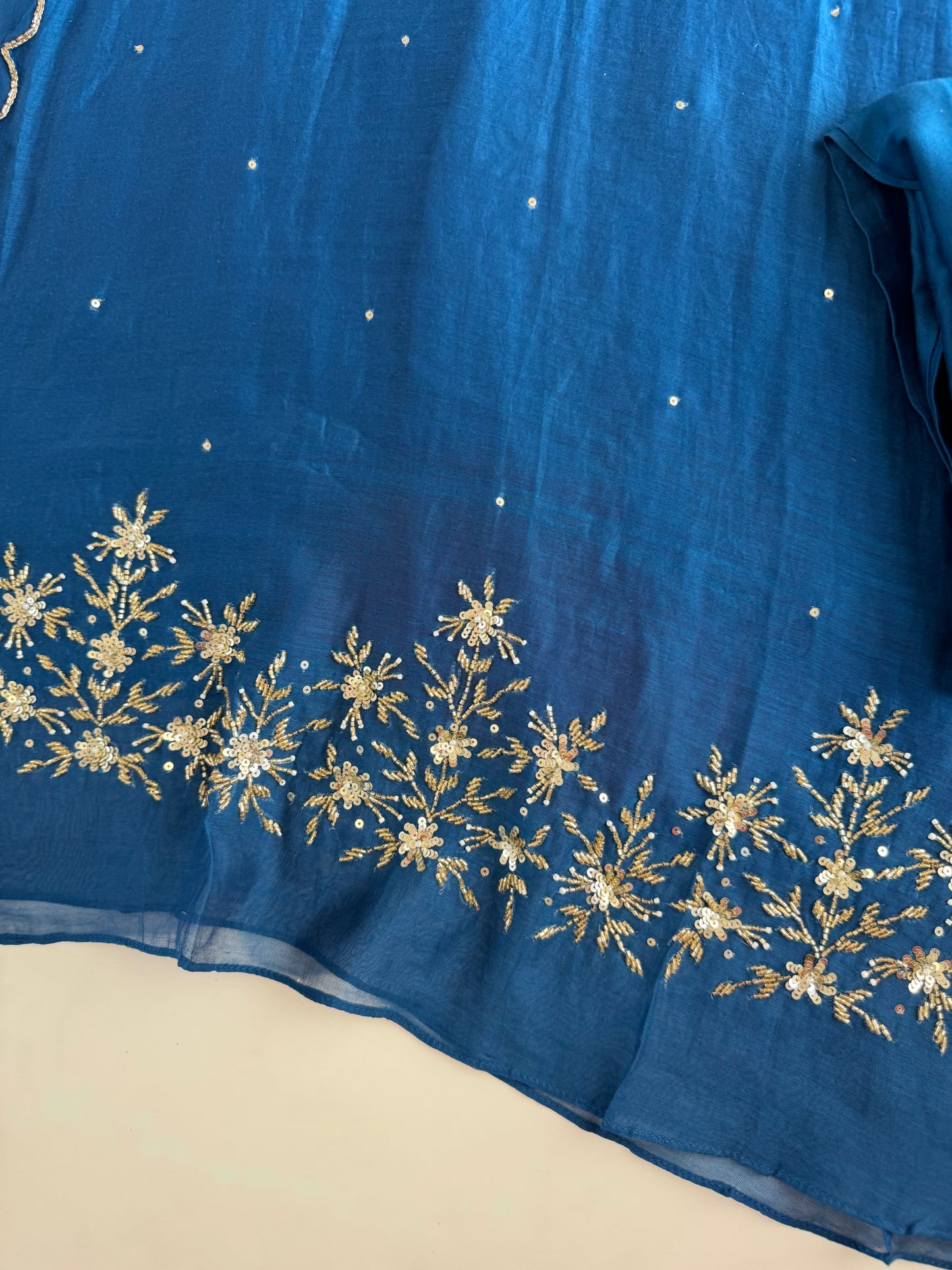 K529 - Mul chanderi handwork Aline Kurti with pants and dupatta in 2 colours