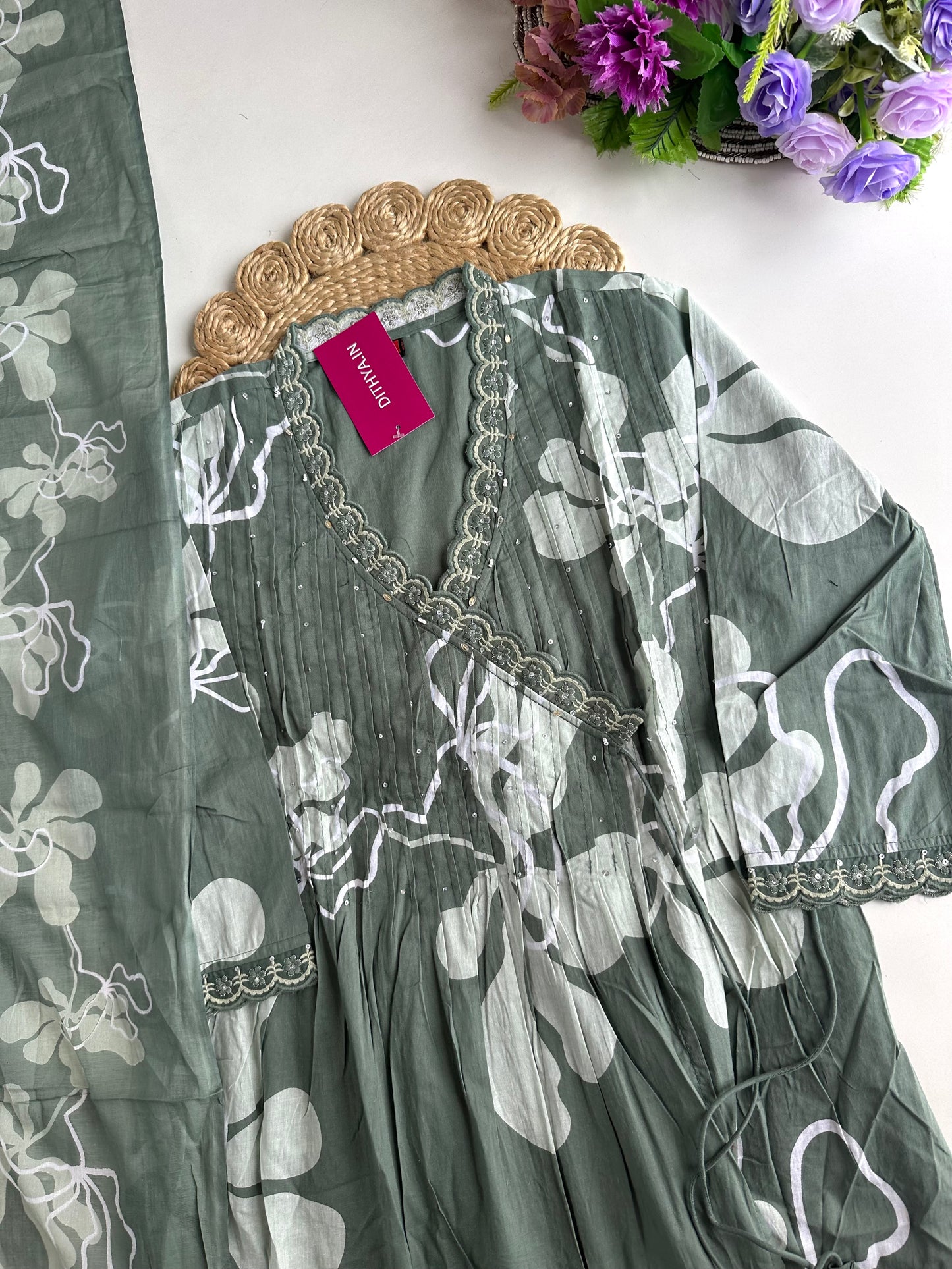 K395 - Mul cotton Anarkali with pants and dupatta