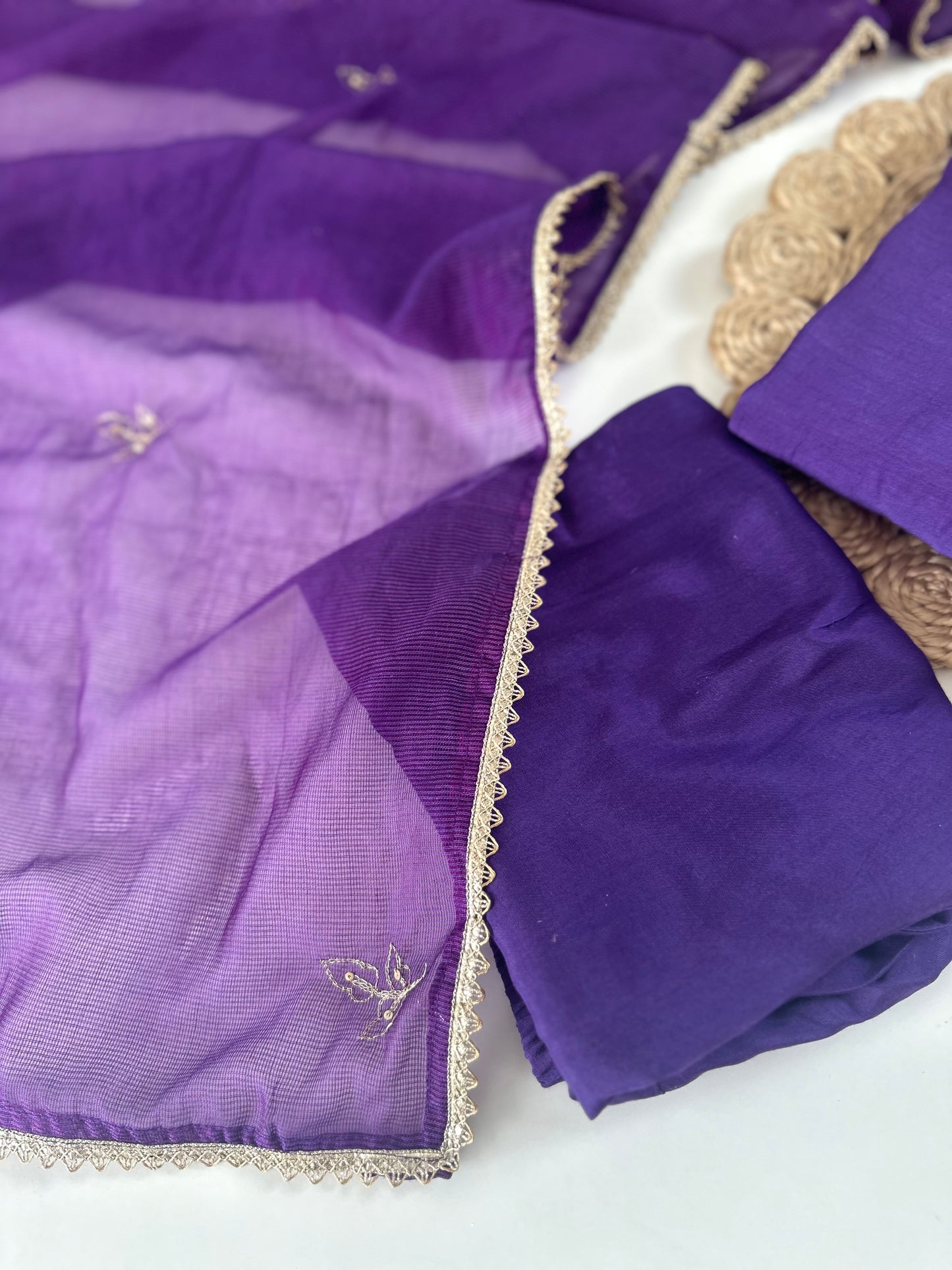 K205 - Mul Chanderi Handwork Aline Kurti with pants and dupatta .