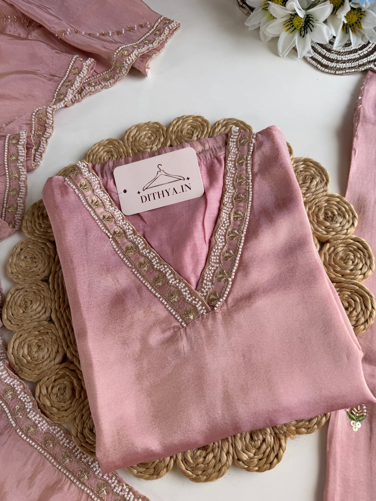 K627 - Tissue silk handwork straight Kurti with pants and dupatta