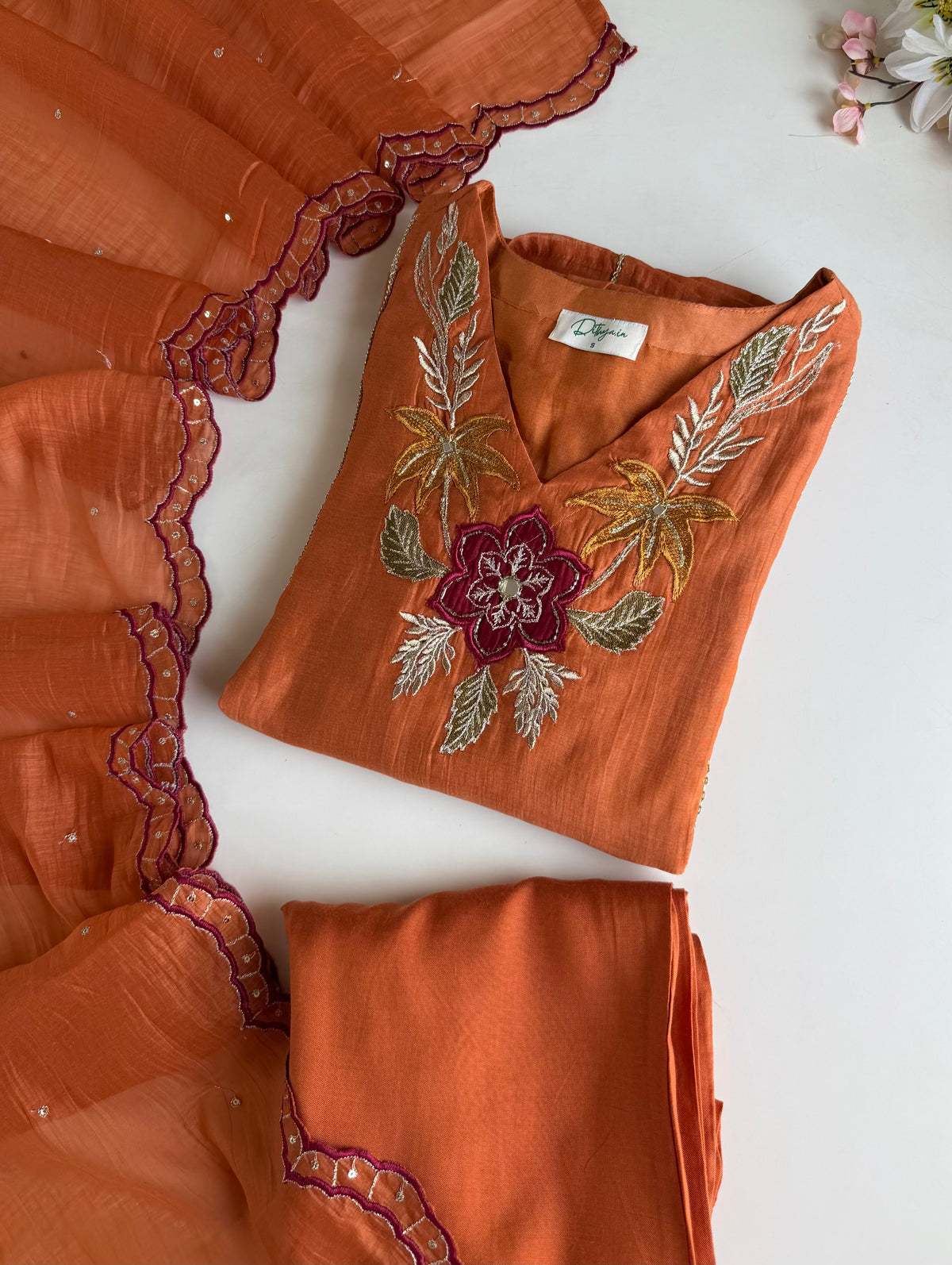 K713 - Mul chanderi appliqué embroidered Aline Kurti with pants and dupatta