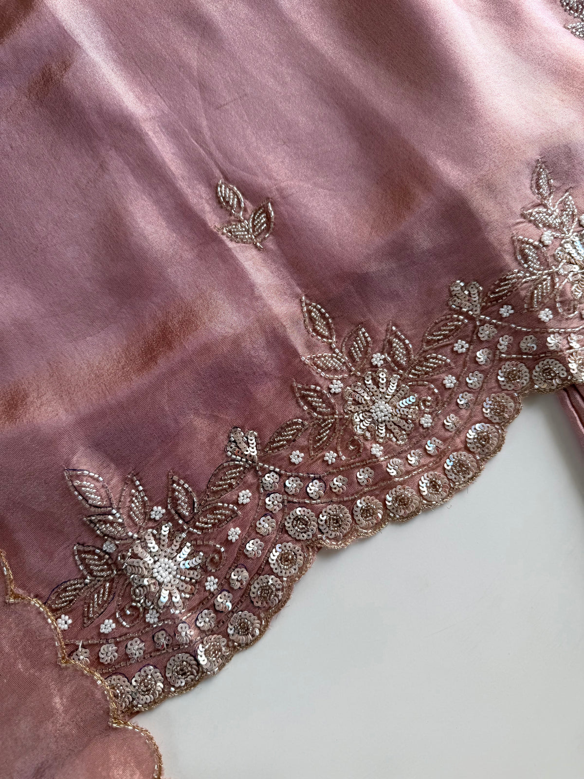 K203 - Tissue silk handwork short Kurti with divider pants and dupatta
