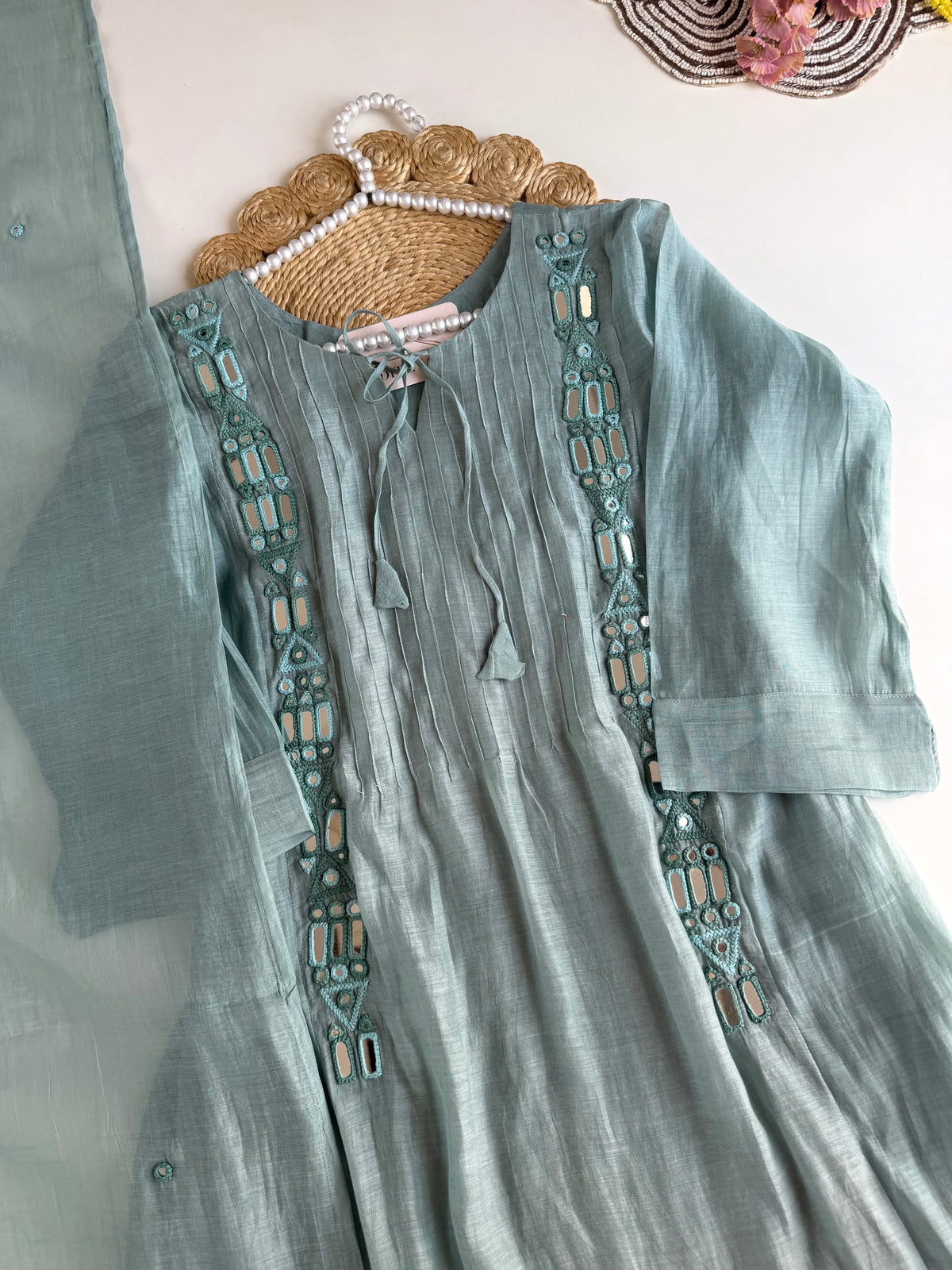 K350 - Mul chanderi mirror embroidered Aline Kurti with pants and dupatta