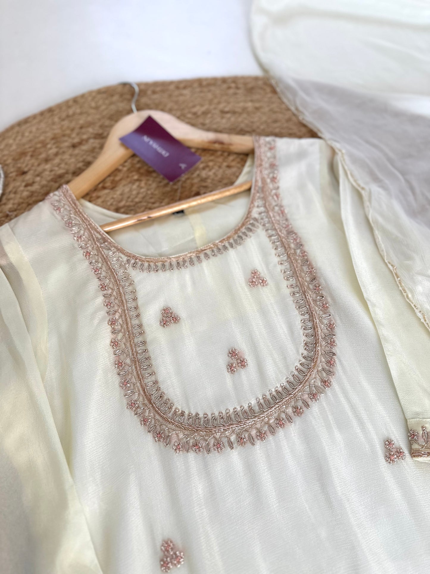 K159 - Chinnon Zardosi work straight kurti with pants and dupatta .