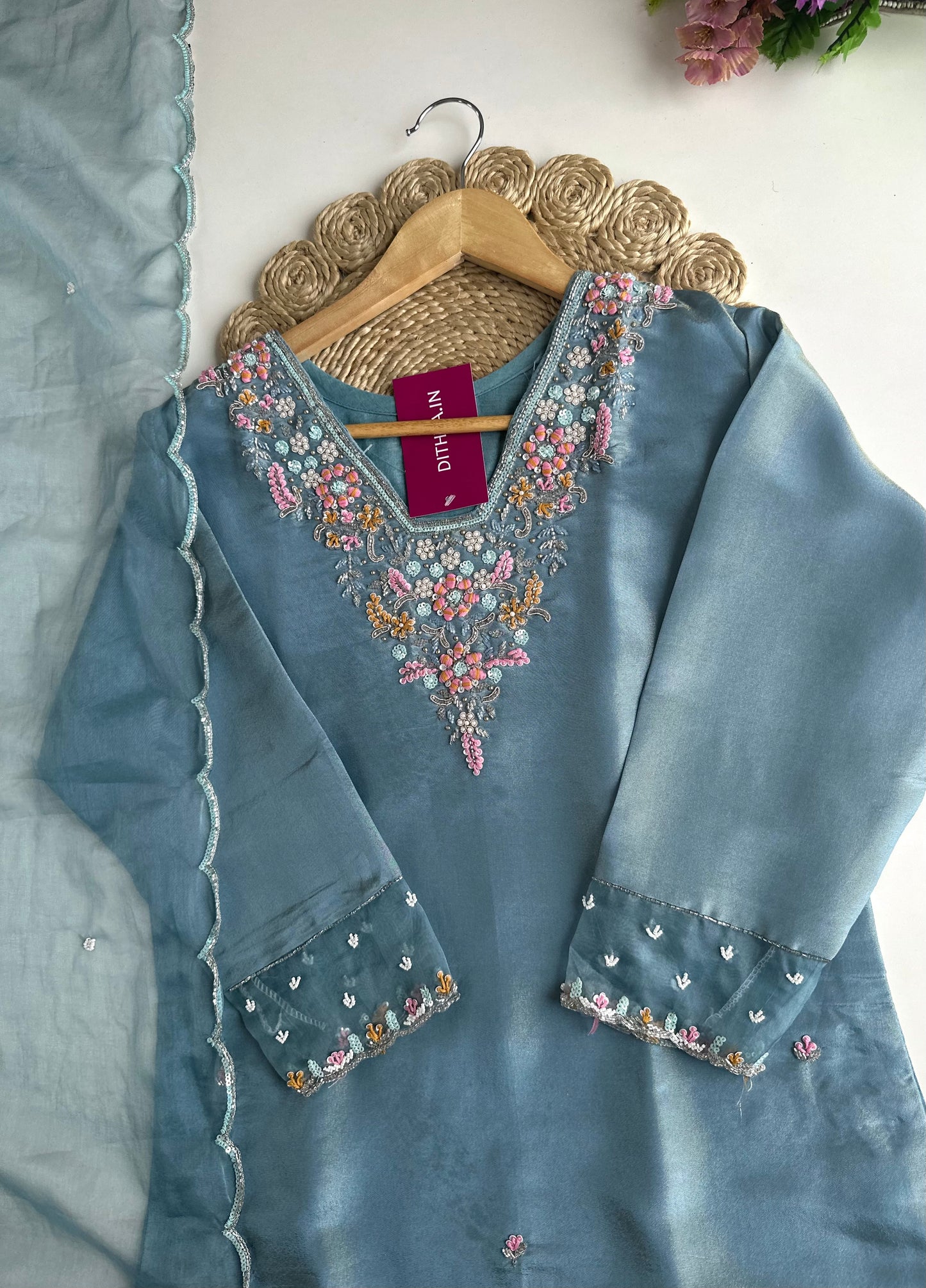 K138 - Tissue silk handwork straight Kurti with pants and dupatta