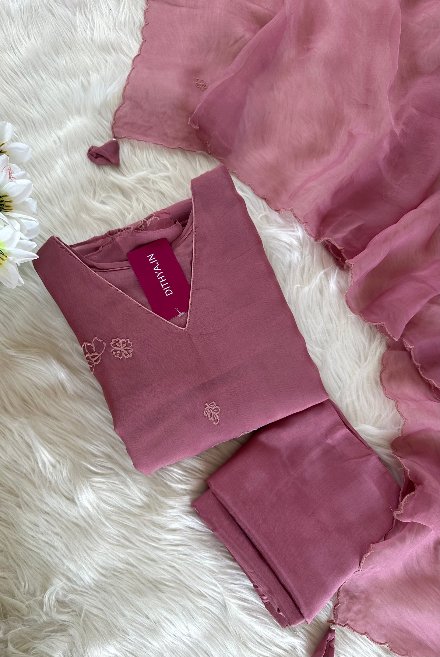 K225 - Pure viscose organza appliqué work Aline Kurti with pants and dupatta in 2 colours