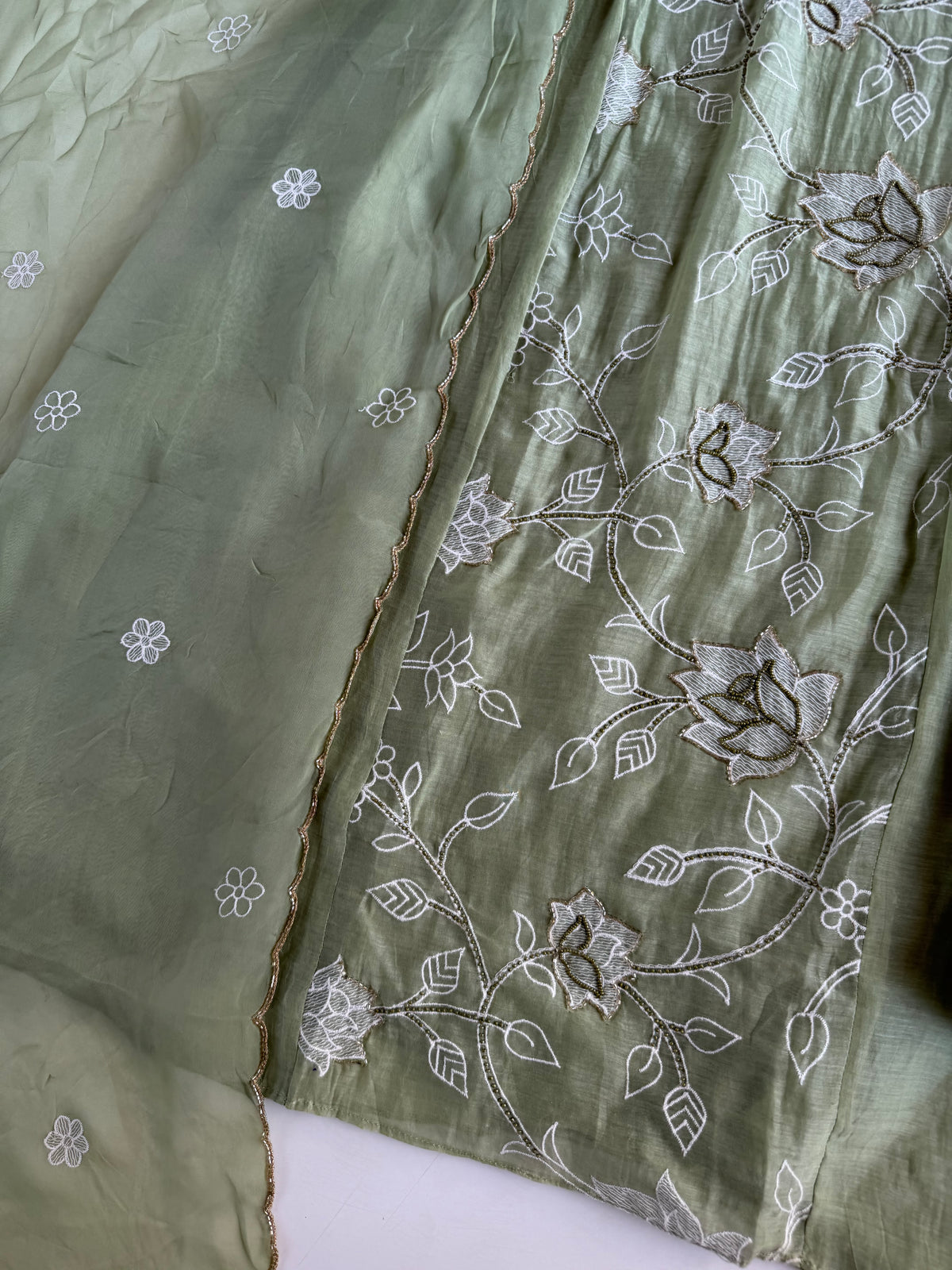 K735 - Mul chanderi embroidered Anarkali with pants and dupatta in 2 colours