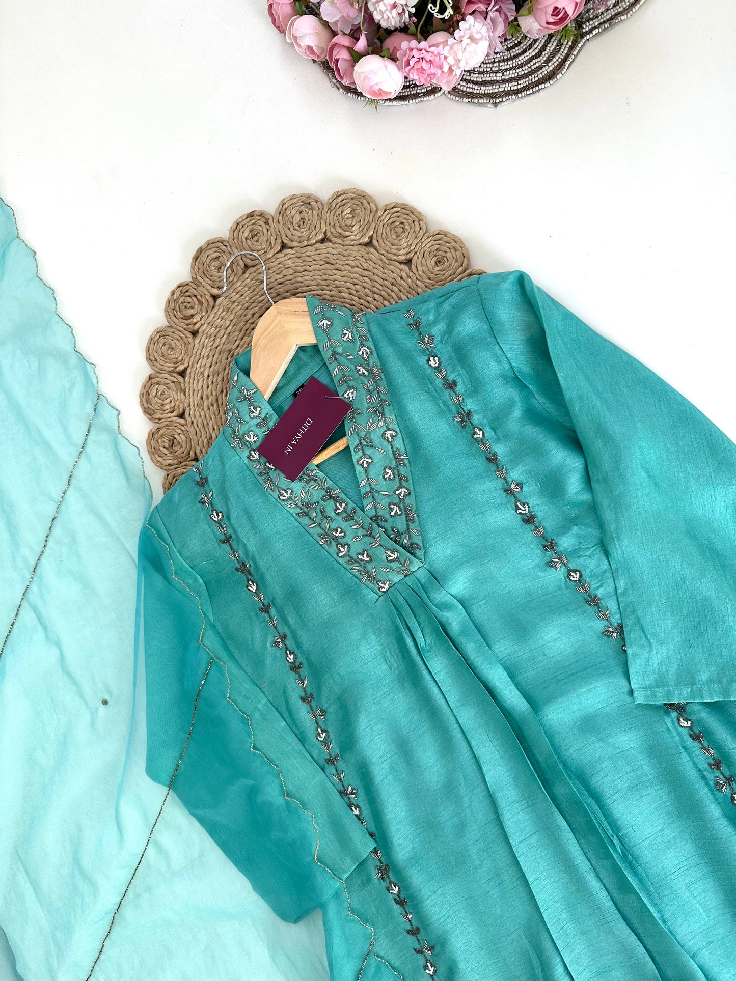 K200 - Russian silk handwork Anarkali with pants and dupatta .