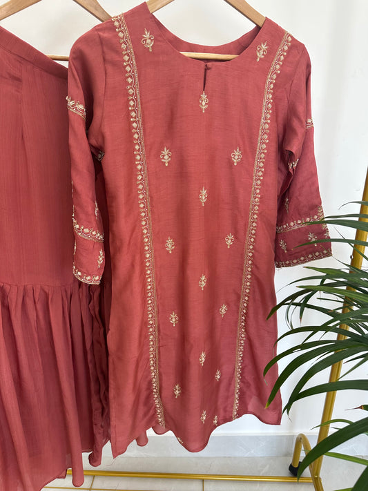 K358 - Russian silk handwork Short Kurti with sharara and dupatta
