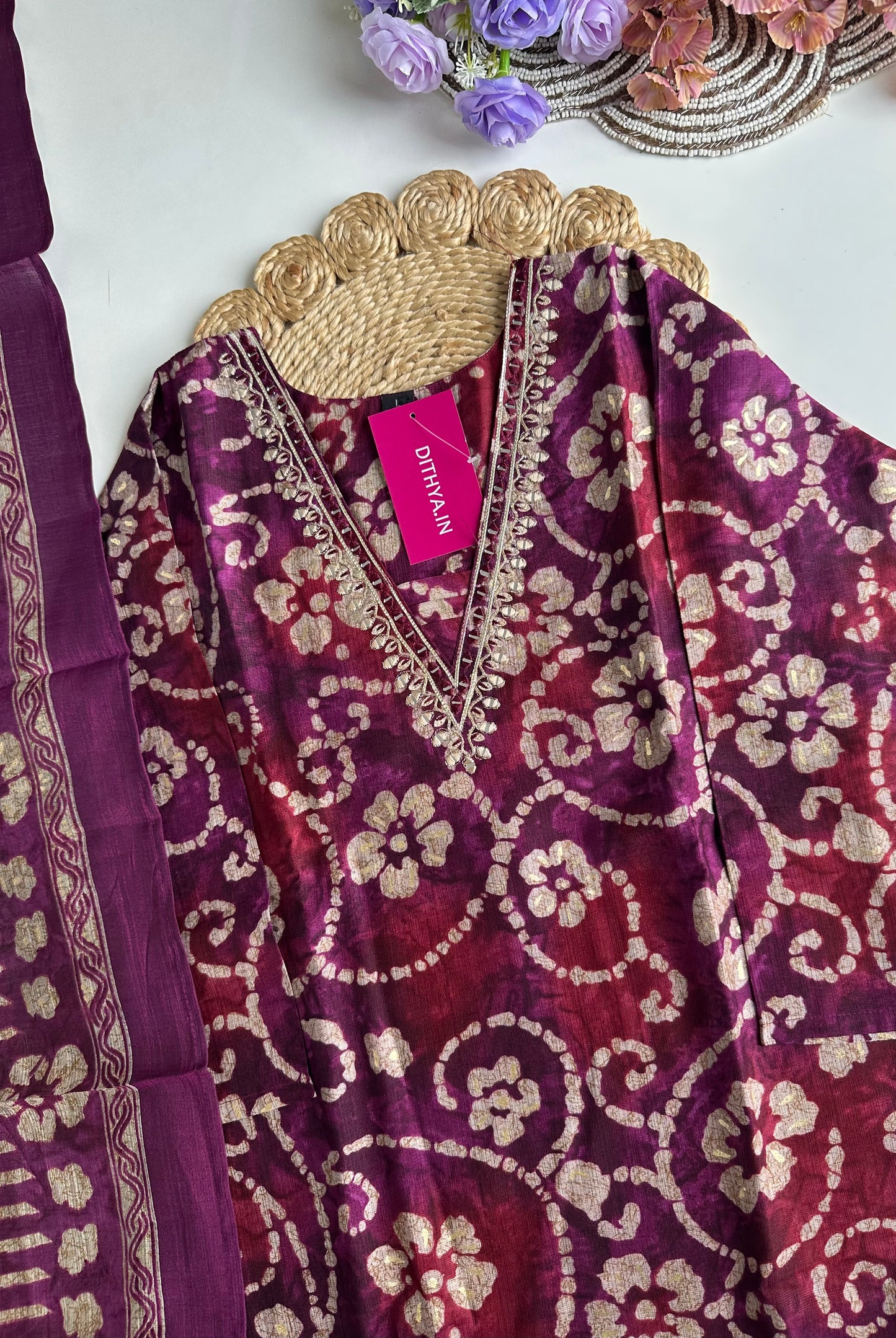 K104 - Rayon foil print straight kurti with pants and dupatta