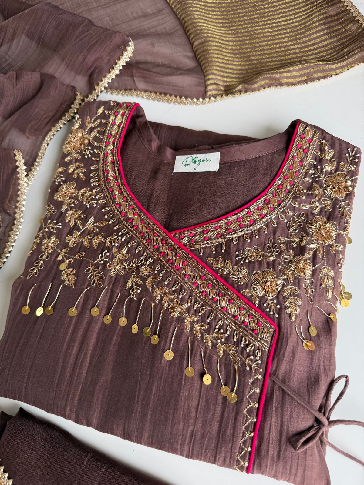 K156 - Pure Banarasi Mul chanderi handwork angrakha Aline Kurti with pants and dupatta