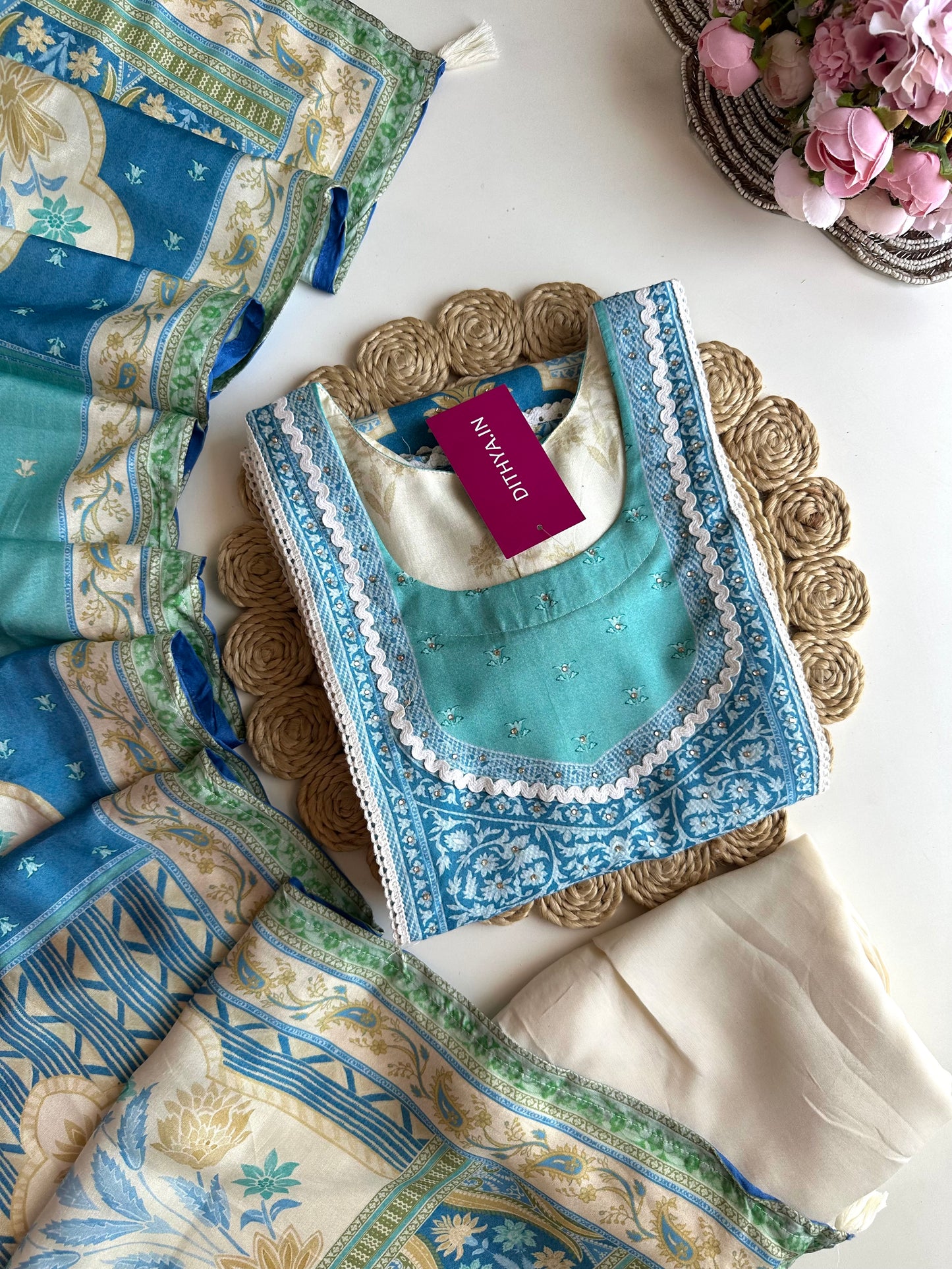 K230 - Pure muslin handwork straight Kurti with pants and dupatta
