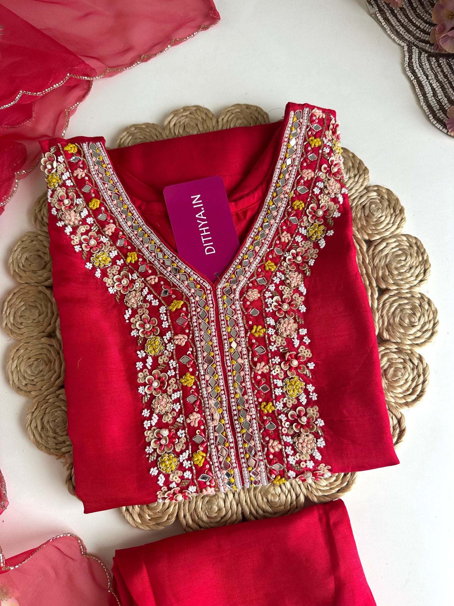 K018 - Russian silk handwork straight Kurti with pants and dupatta
