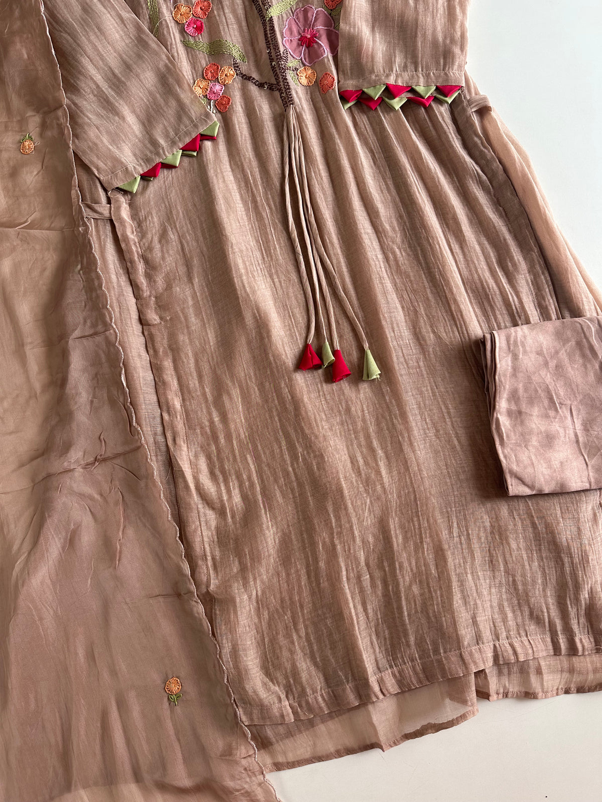 K701 - Mul chanderi embroidered Aline Kurti with pants and dupatta