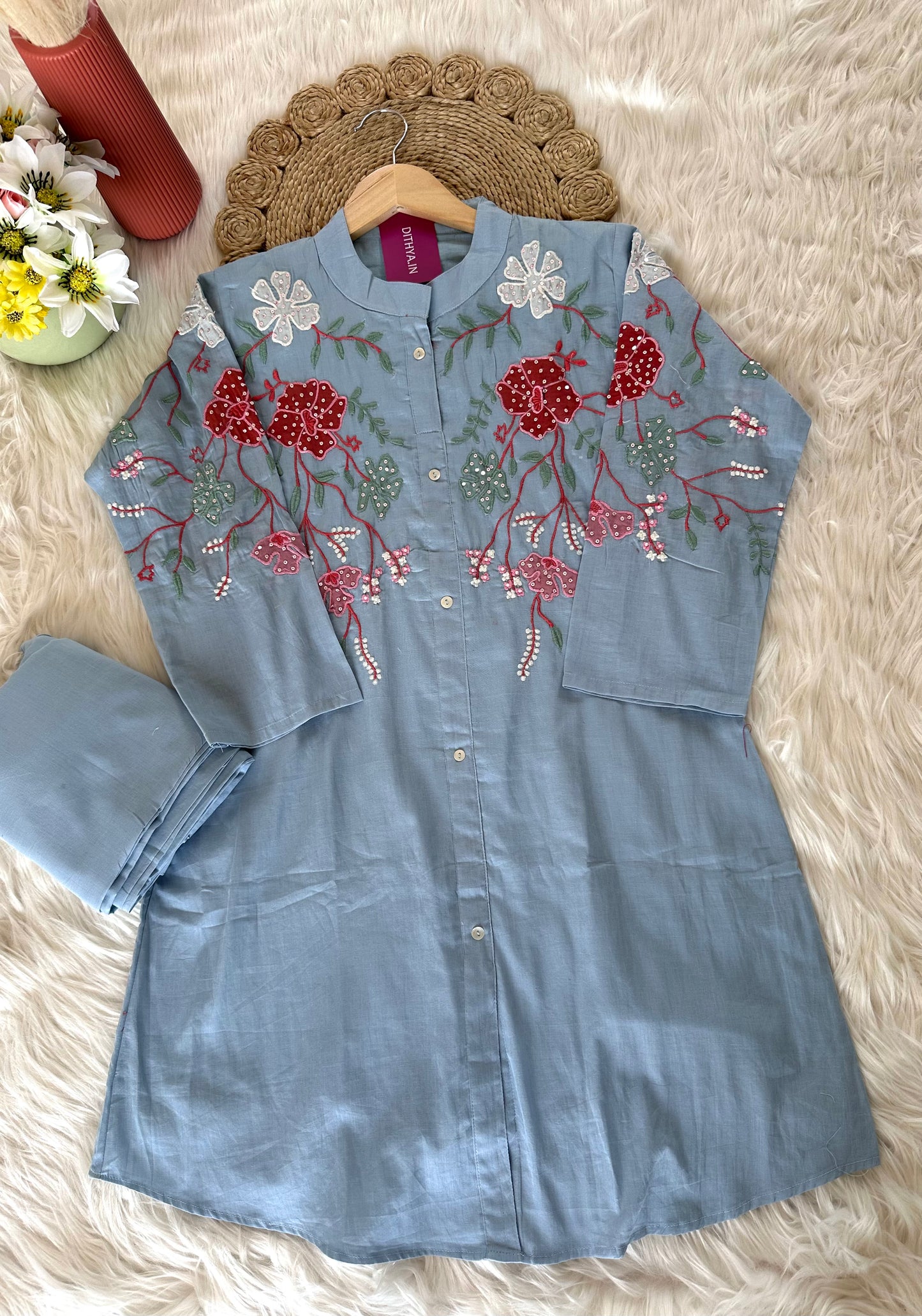 K437 - Cotton embroidered coord set in 2 colours