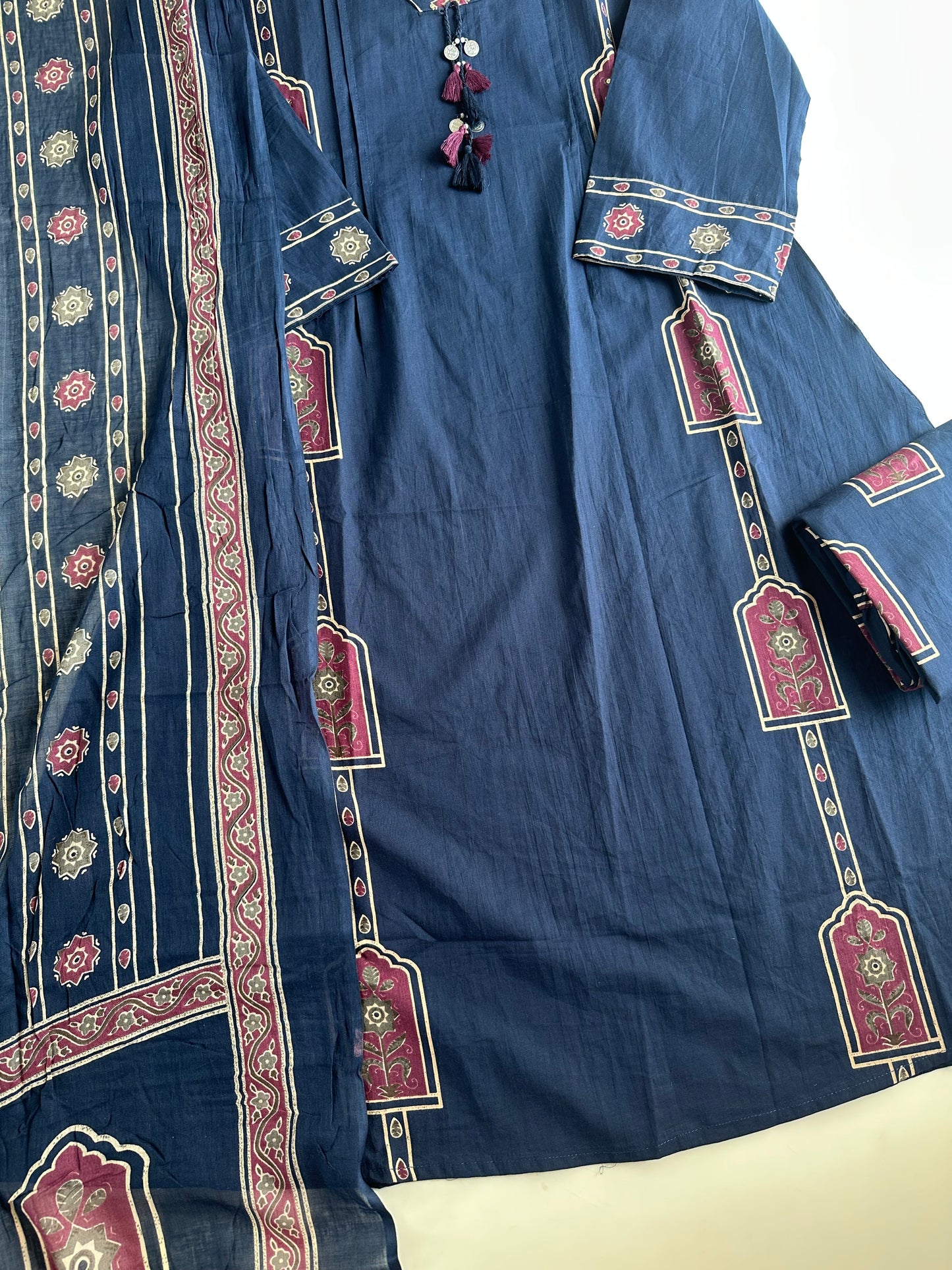 K716 - Mul cotton embroidered Aline Kurti with pants and dupatta