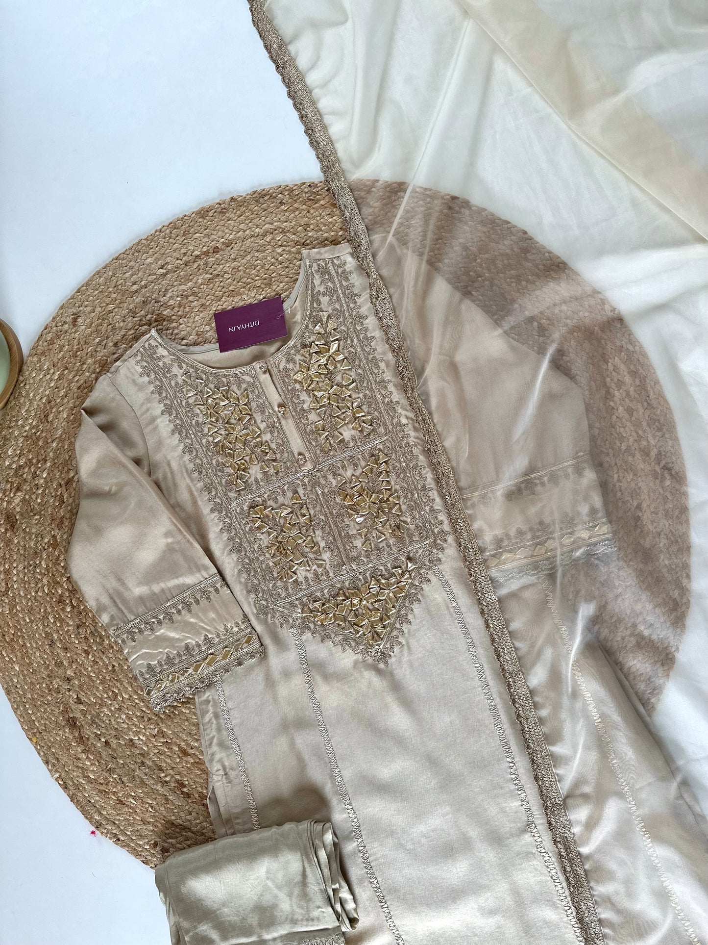 K255 - Russian silk Gota work straight kurti with pants and organza dupatta