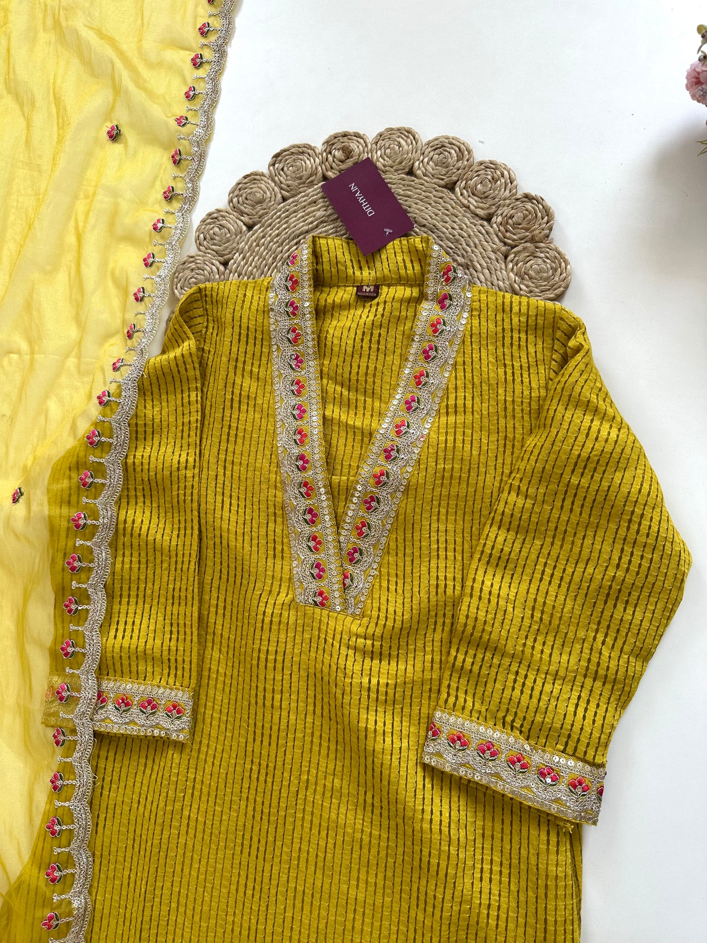 K107 - Jacquard silk Collar neck straight kurti with pants and dupatta in 2 colours