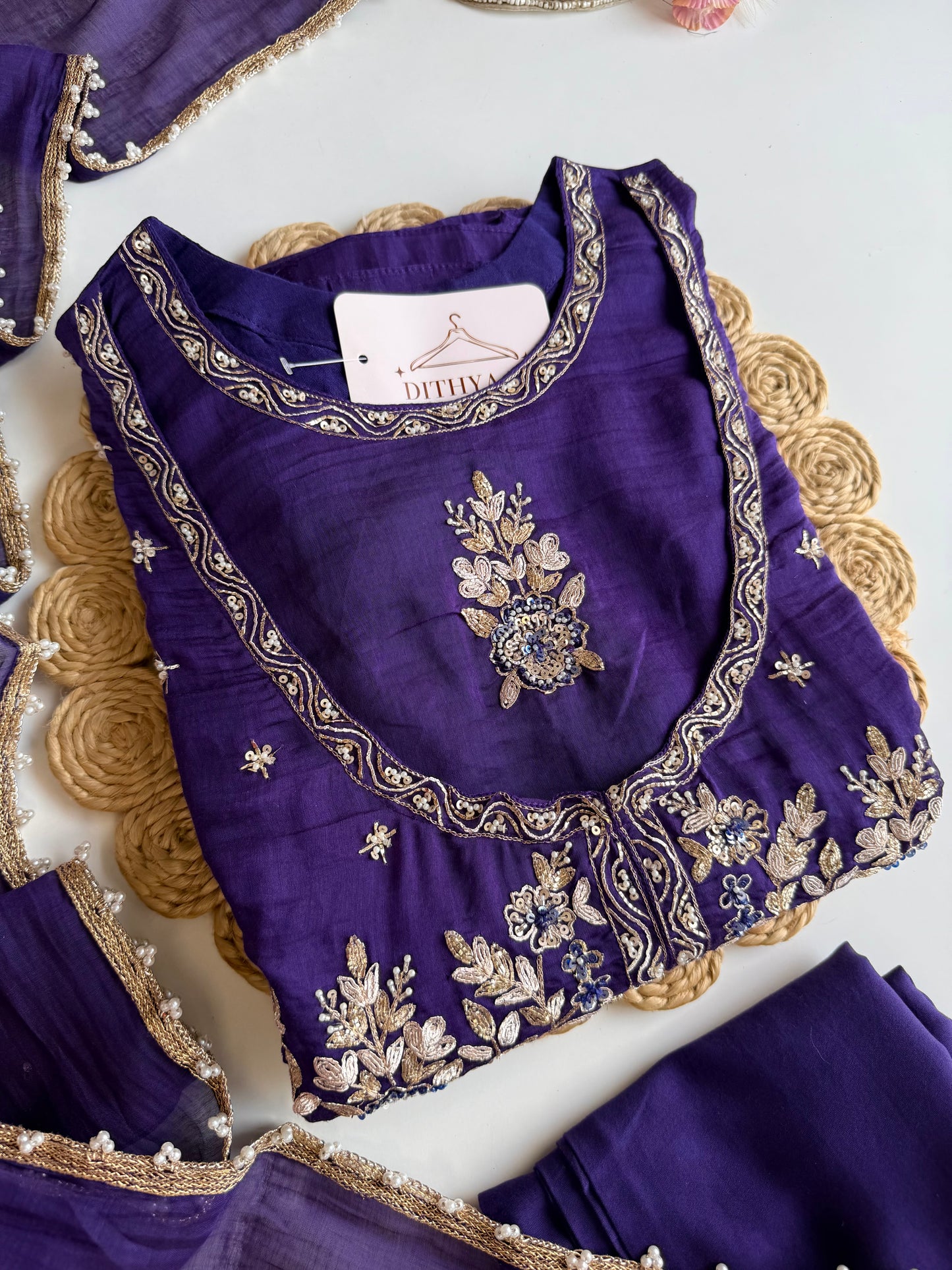 K076 - Mul Chanderi handwork Anarkali with side slit, straight pants and dupatta