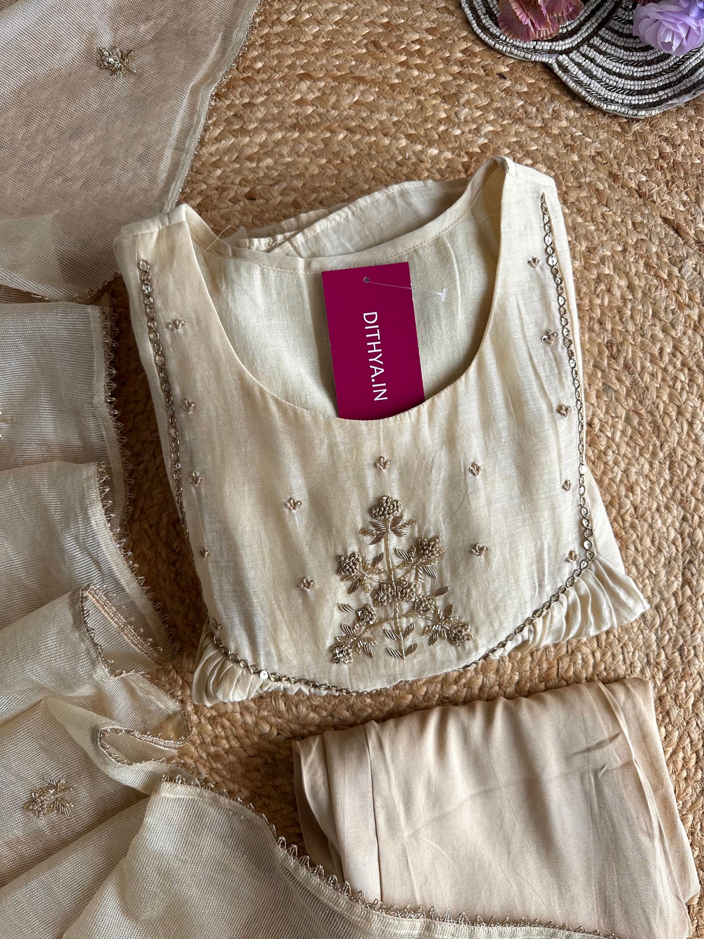 K120 - Mul Chanderi Handwork Anarkali with pants and dupatta