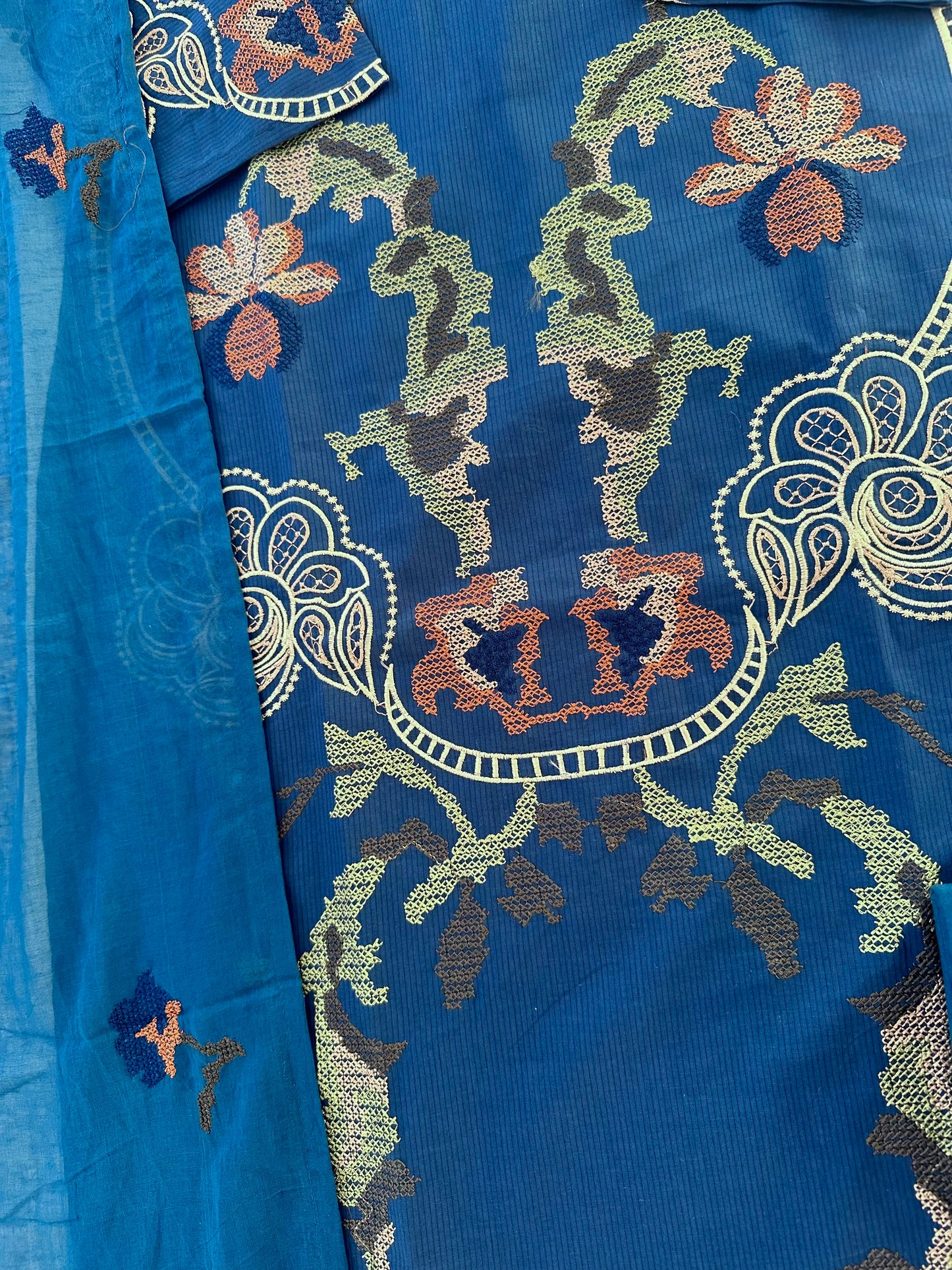 K649 - Mul cotton cross stitch straight Kurti with pants and dupatta
