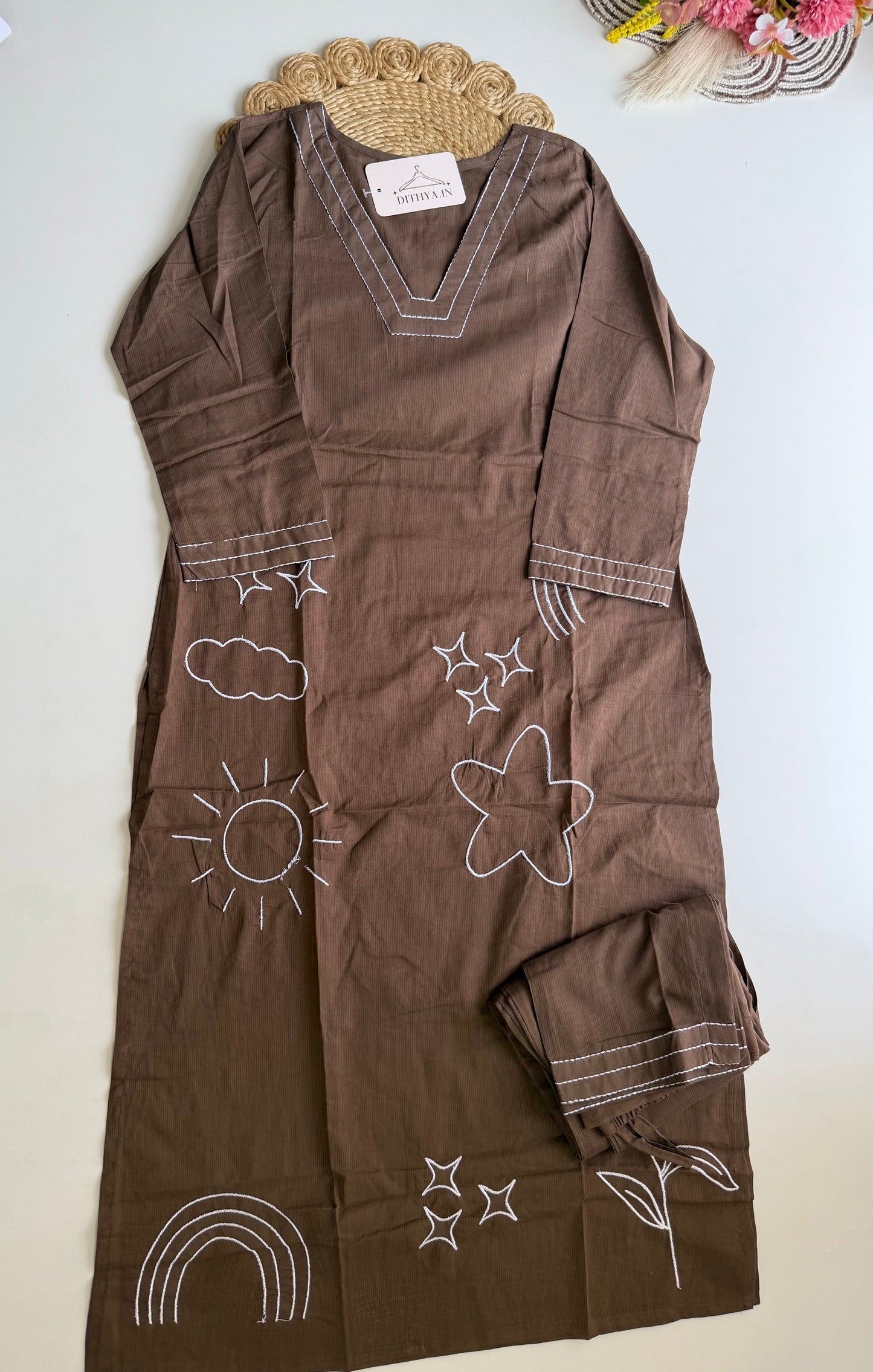 K460 - Cotton embroidered straight Kurti with pants in 2 colours