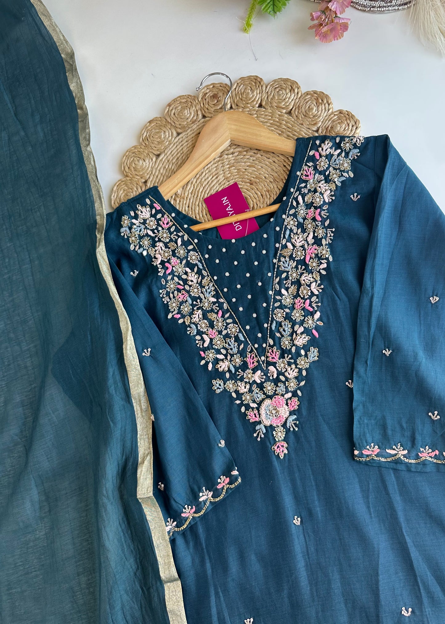 K021 - Mul Chanderi handwork Aline Kurti with pants and dupatta