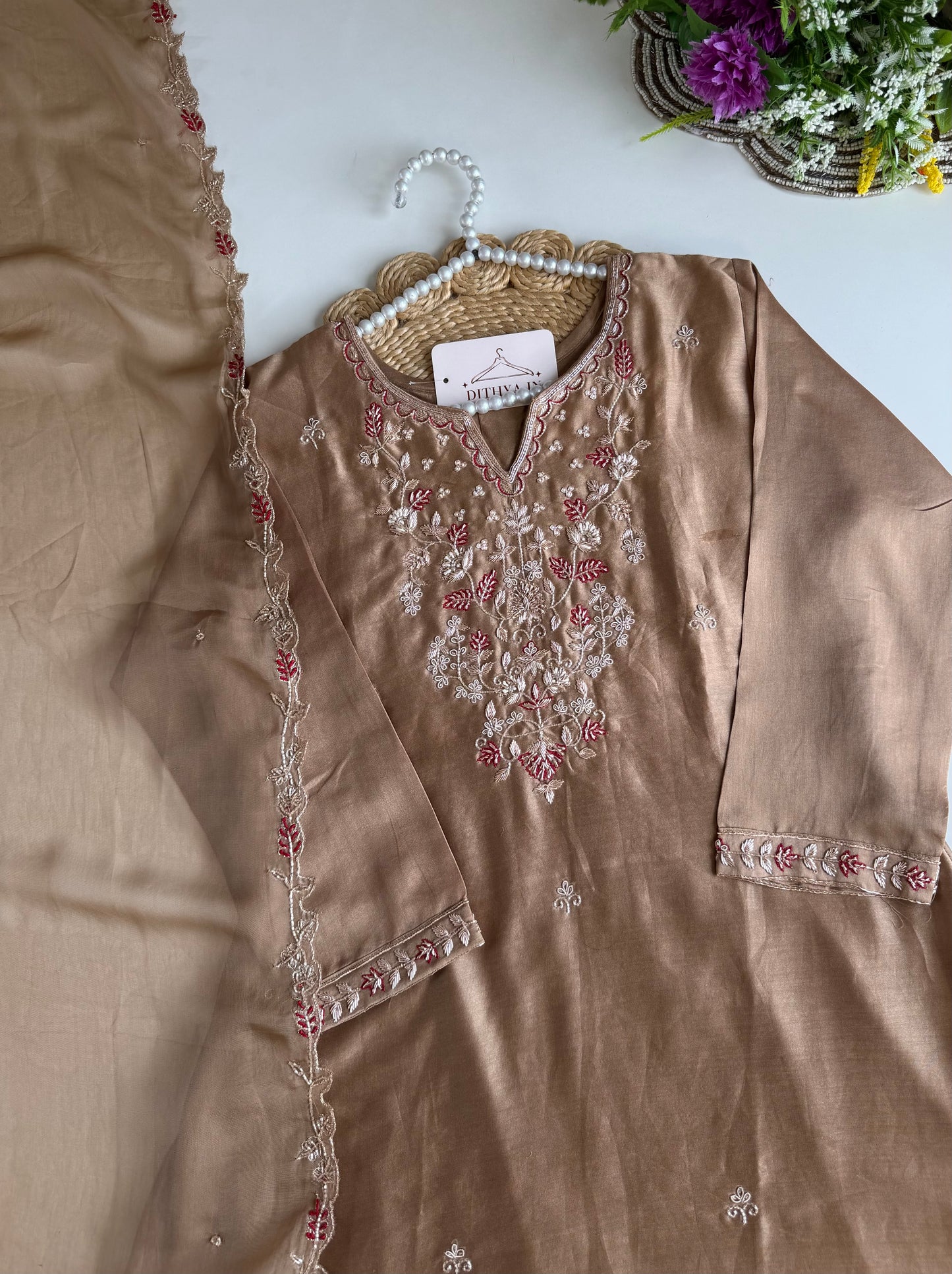 K536 - Titan silk handwork Aline Kurti with pants and dupatta