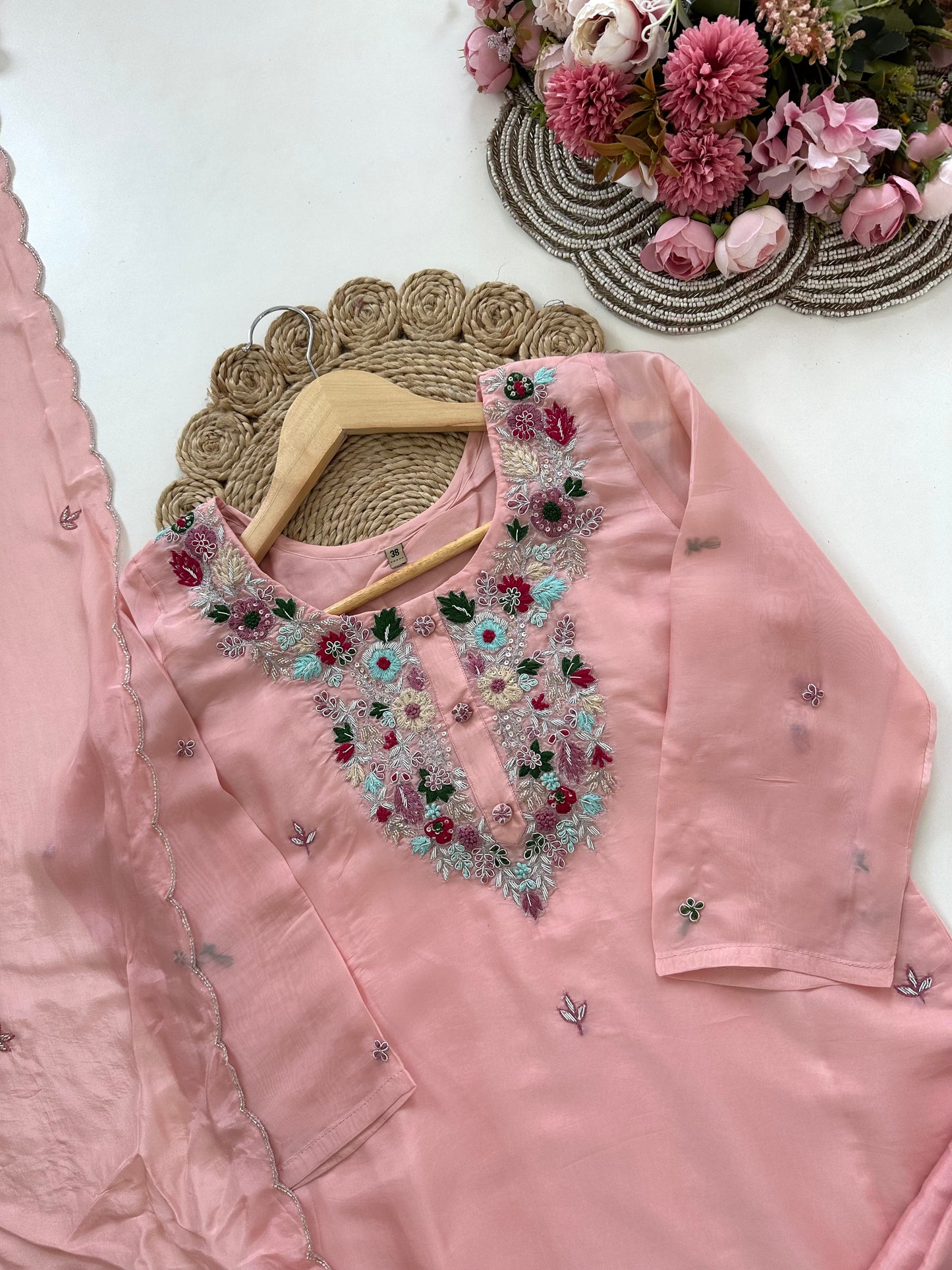 K152 - Viscose organza handwork straight Kurti with pants and dupatta in 2 colours