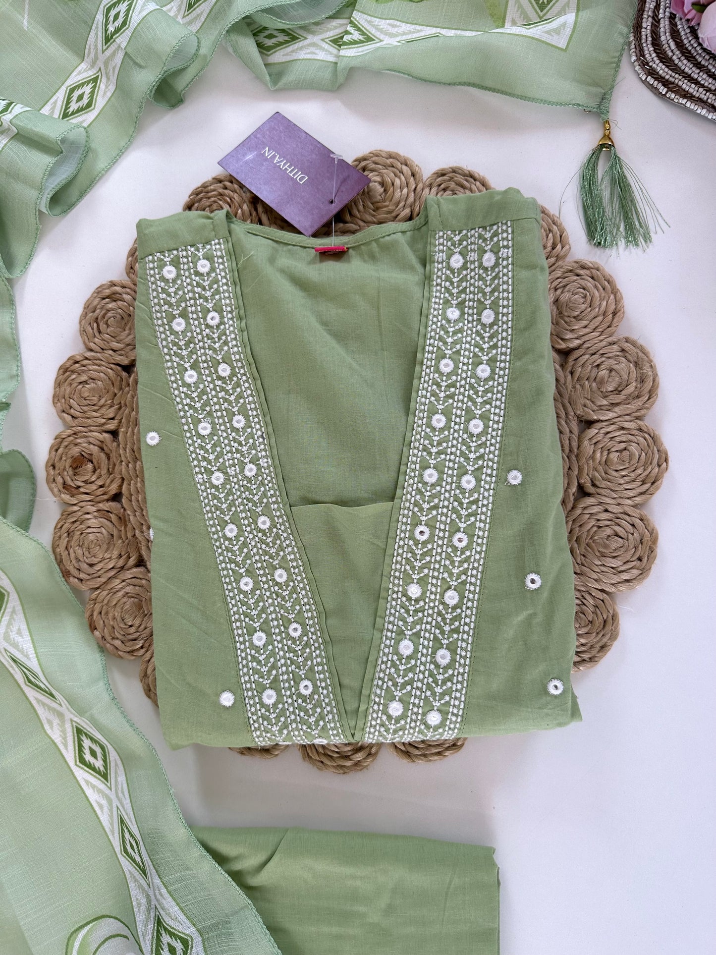 K108 - Cotton embroidered Aline Kurti with pants and dupatta