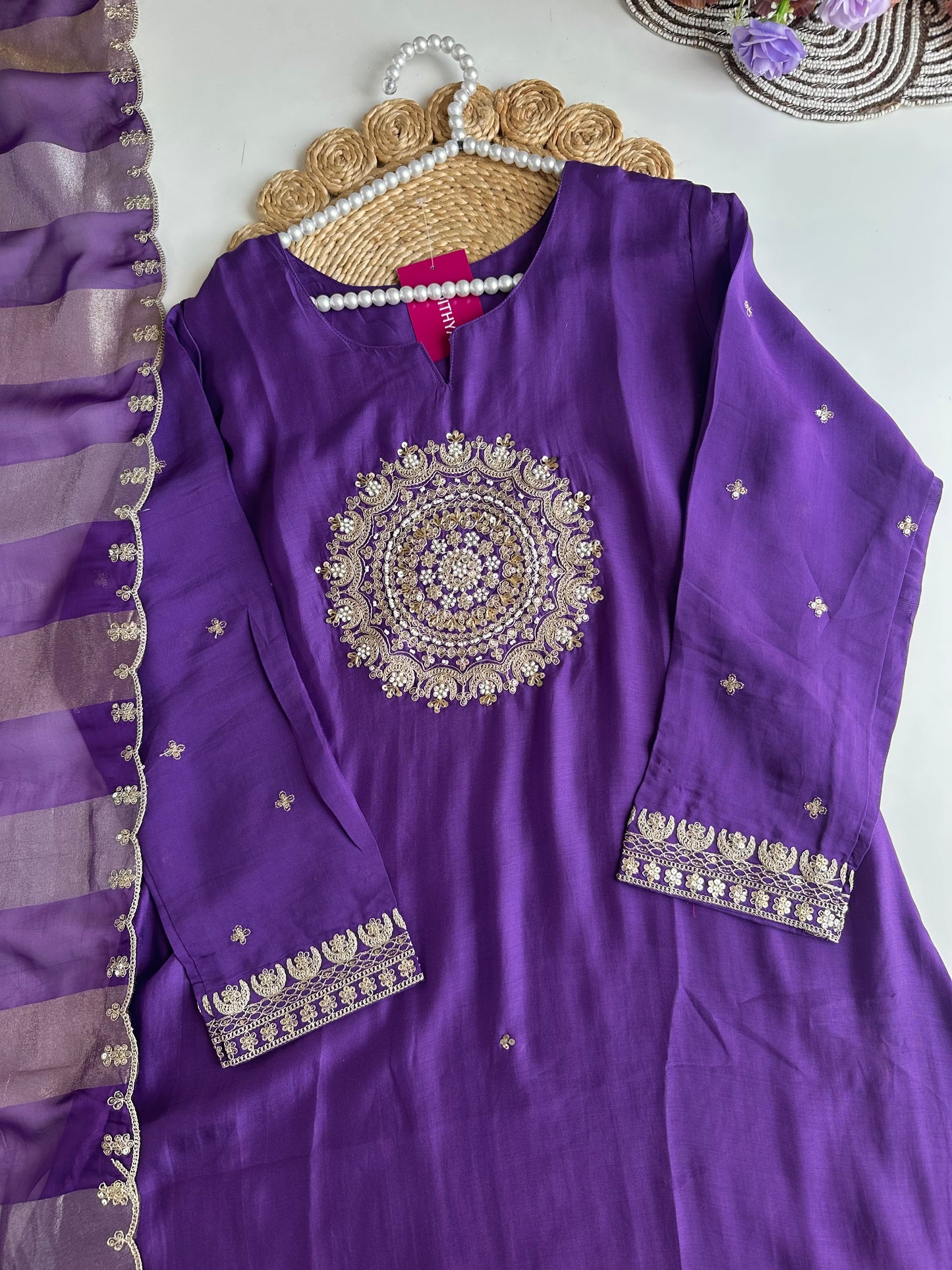 K115 - Russian silk handwork Aline Kurti with pants and dupatta