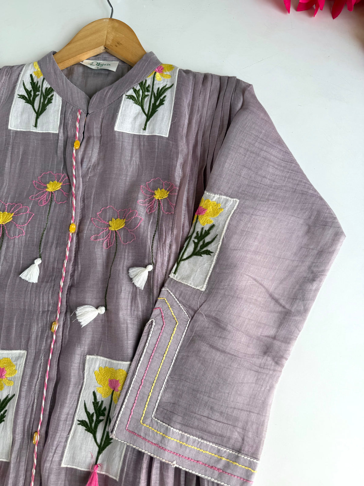K631 - Mul chanderi appliqué embroidered Aline Kurti with pants and dupatta