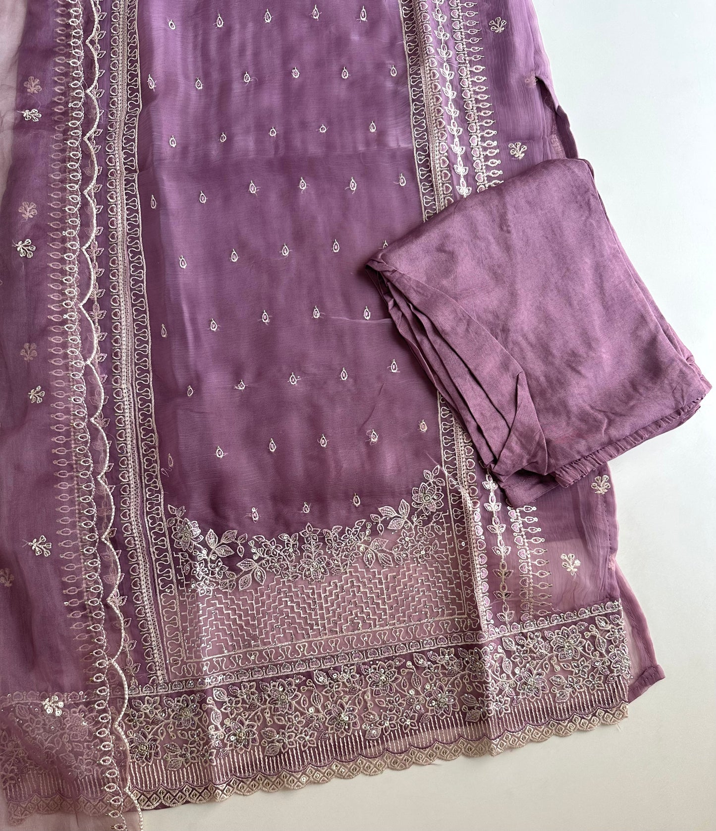 K492 - Organza embroidered straight Kurti with pants and dupatta