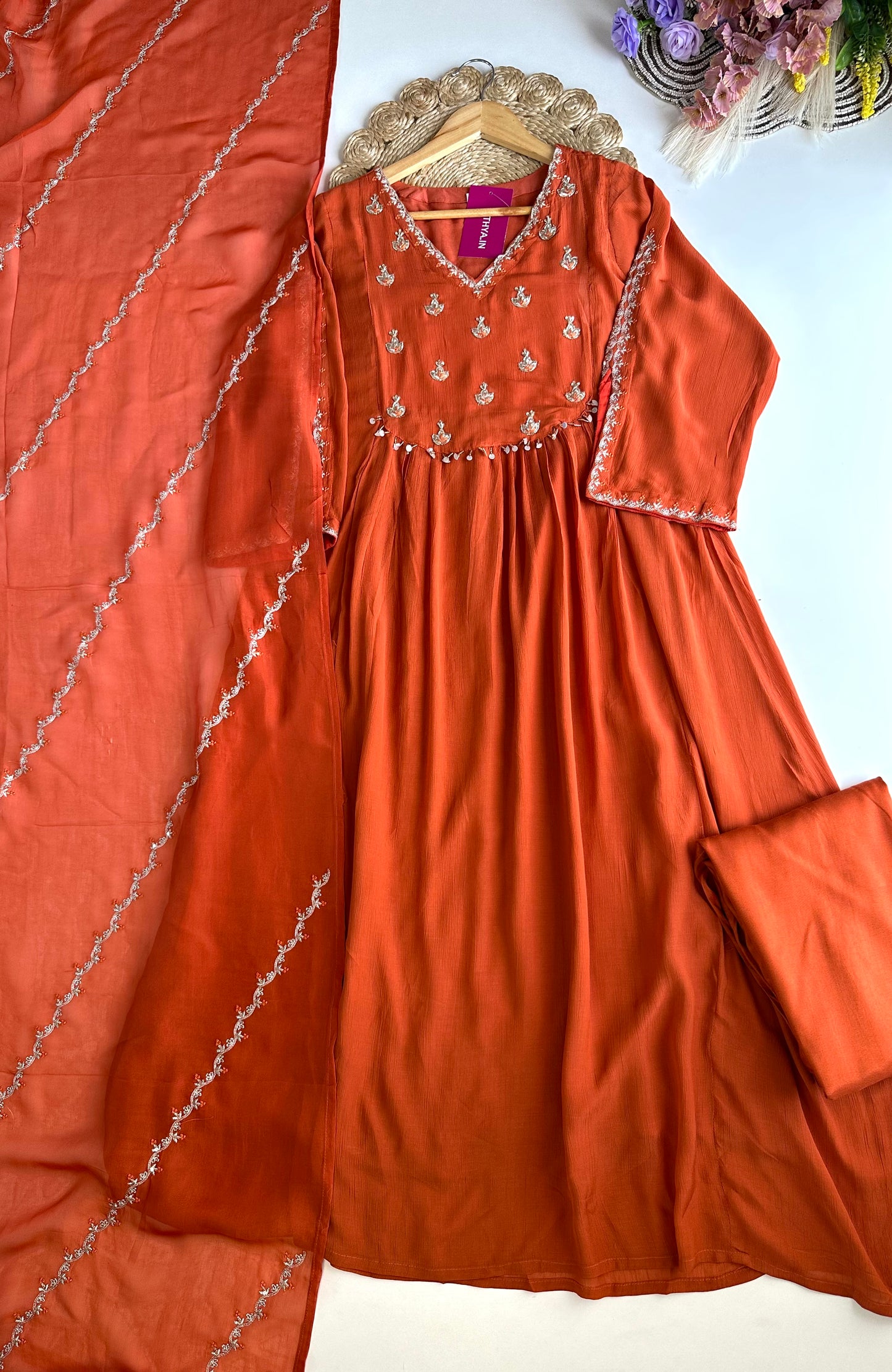 K453 - Chinnon handwork Anarkali with pants and dupatta