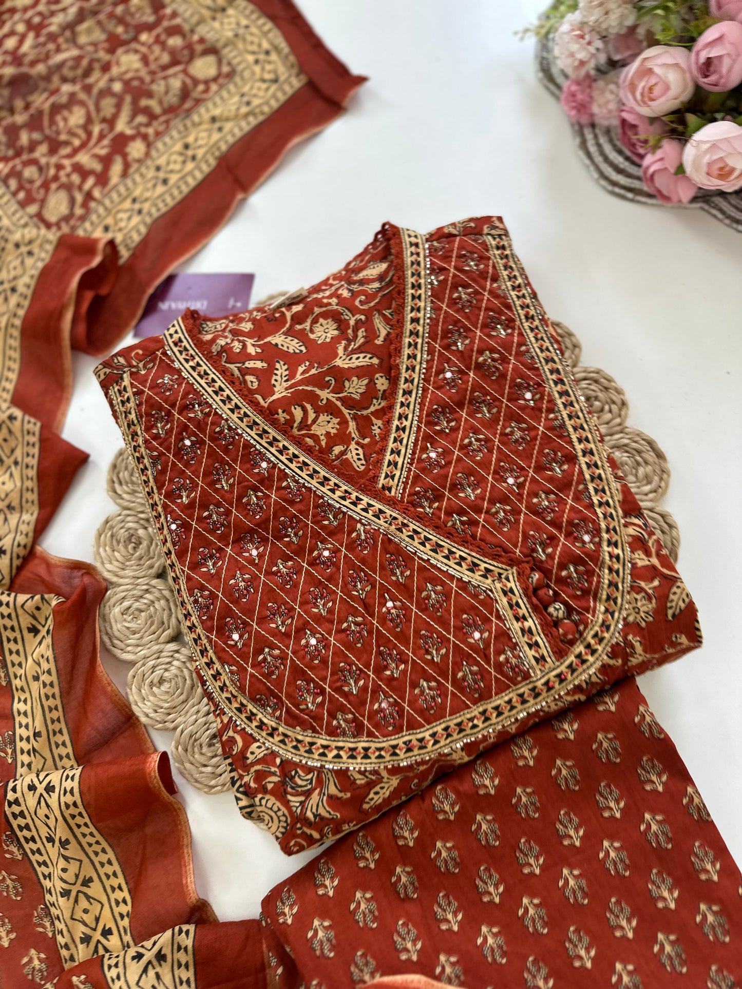 K055 - Cotton Handwork Anarkali with pants and dupatta in 2 colours