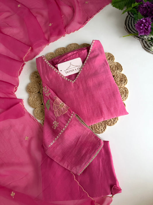 K538 - Mul chanderi handwork Aline Kurti with pants and dupatta