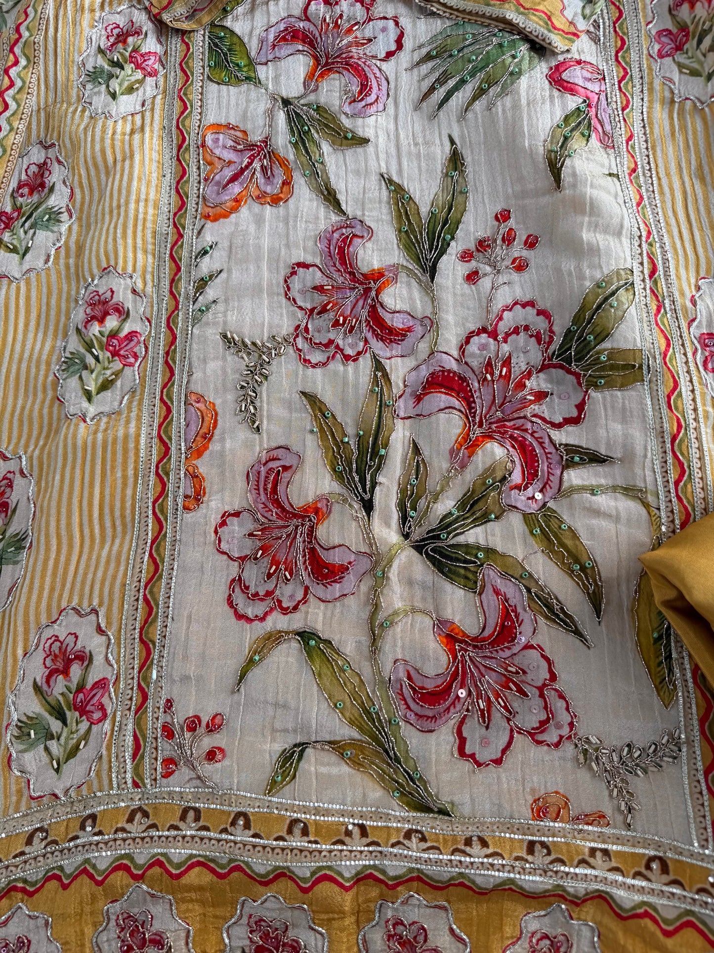 K645-Crush tissue silk handwork Aline Kurti with pants and dupatta