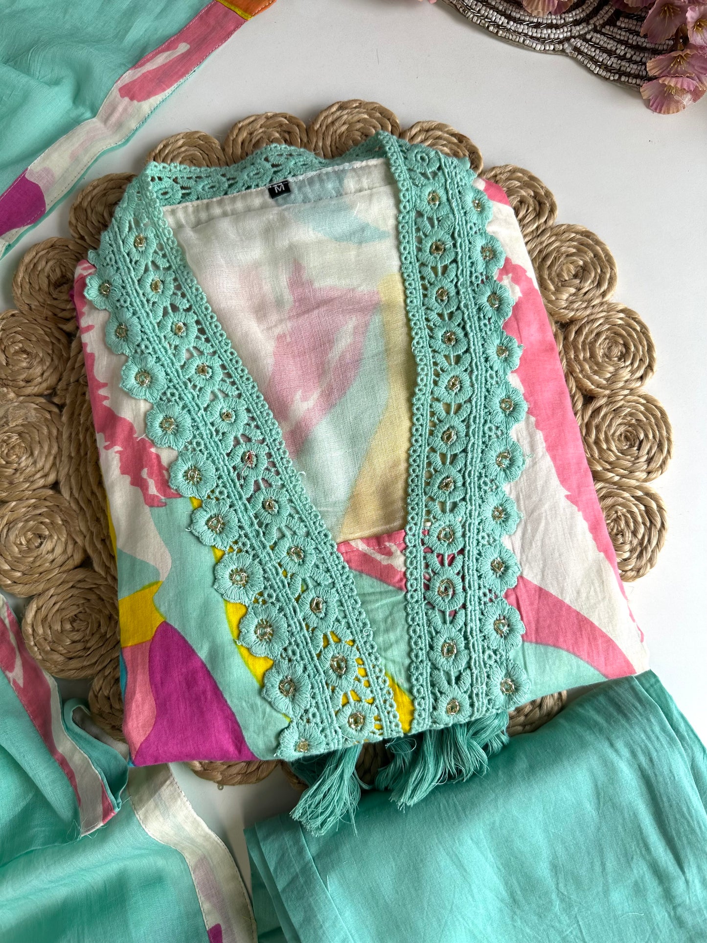 K448 - Mul Cotton embroidered straight Kurti with pants and dupatta