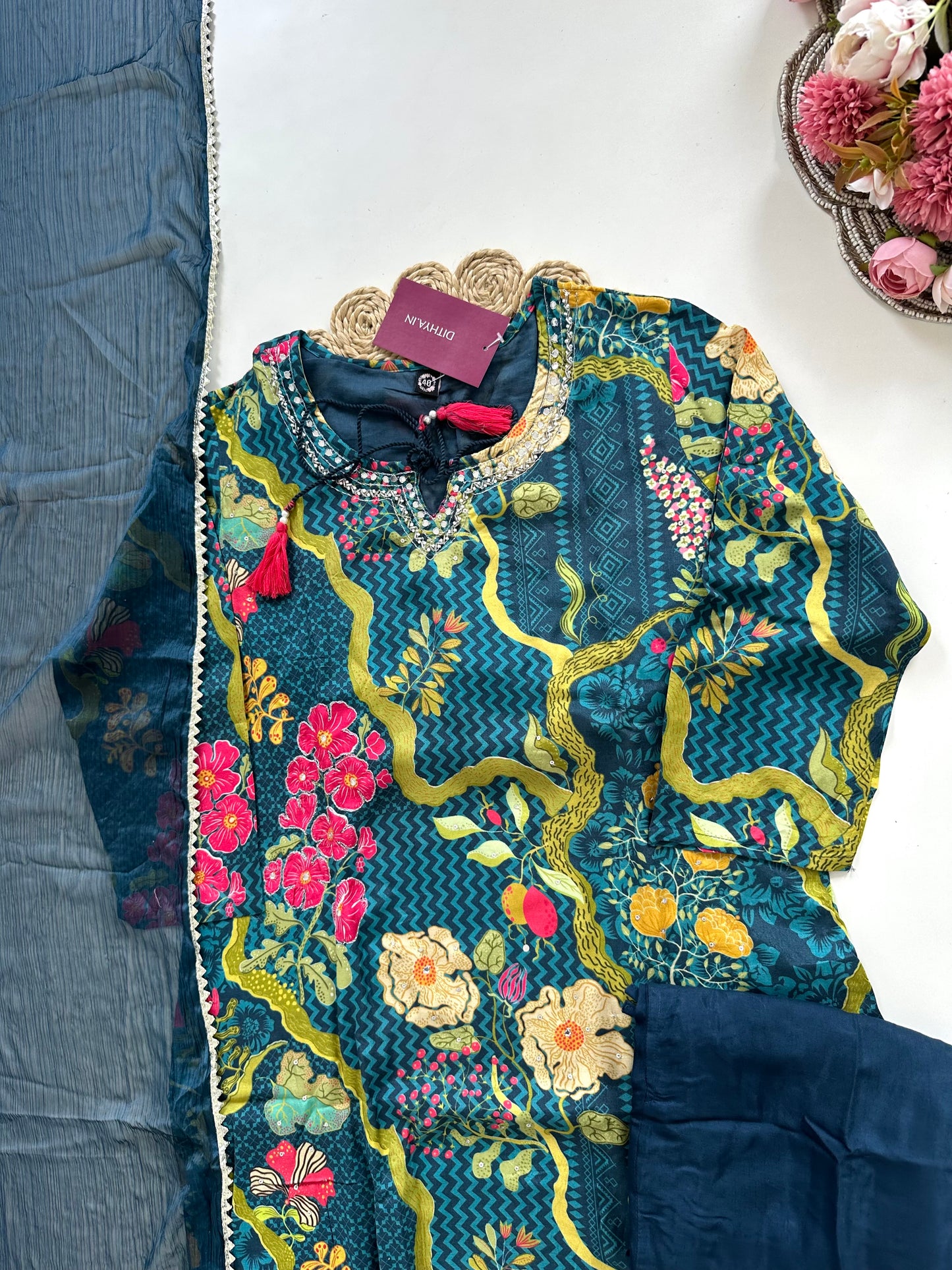 K321 - Chinnon floral straight Kurti with pants and dupatta