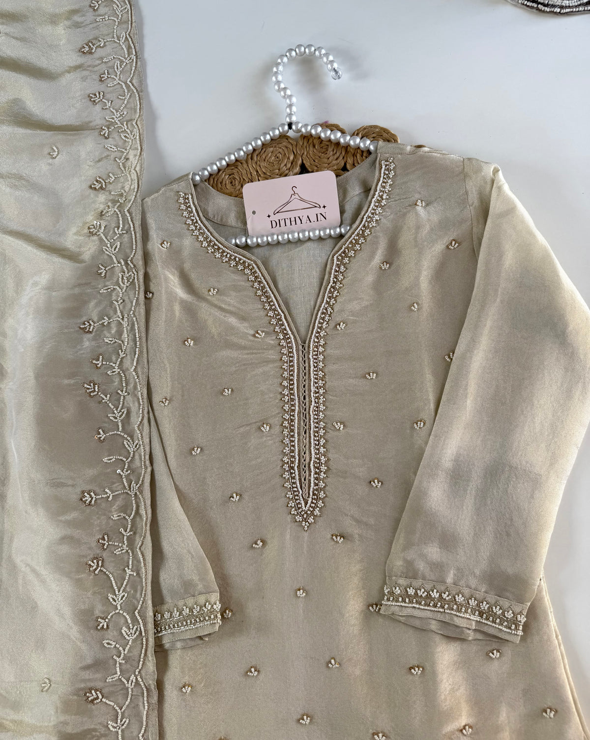 K602 - Tissue silk pearl work straight Kurti with pants and dupatta in 2 colours
