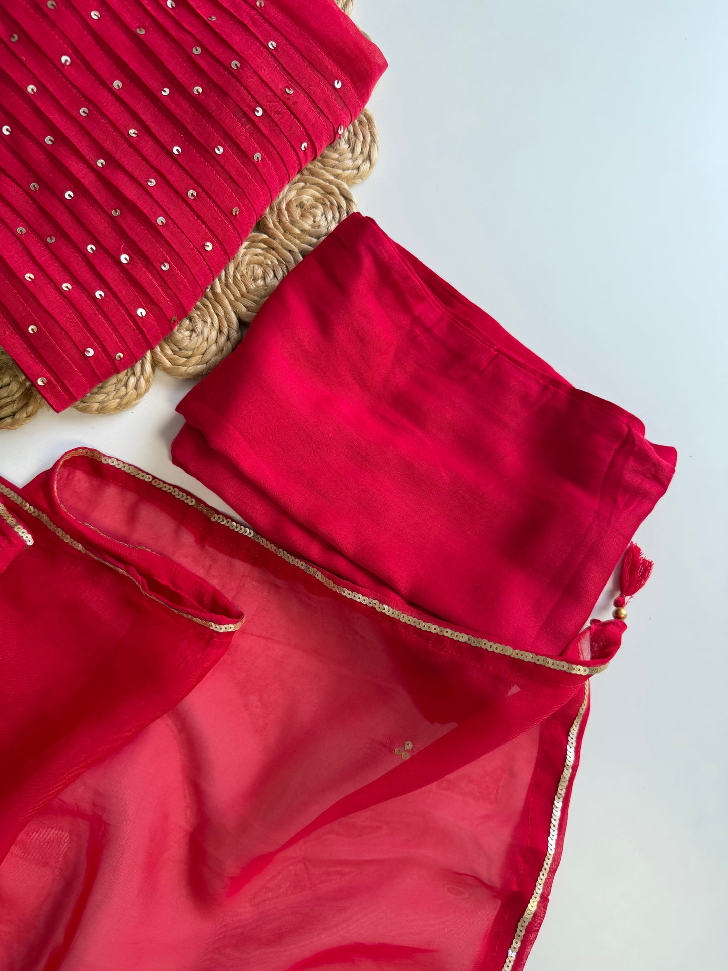 K537 - Mul chanderi handwork Aline Kurti with pants and dupatta