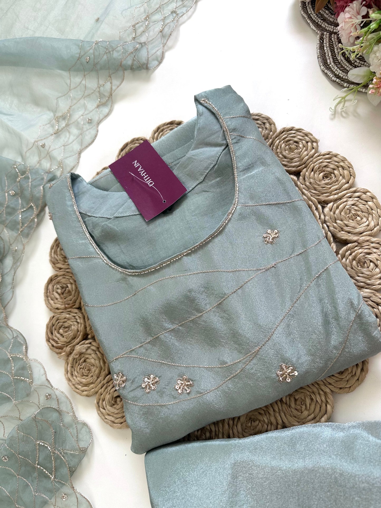 K131 - Tissue silk Zari handwork straight kurti with pants and dupatta .