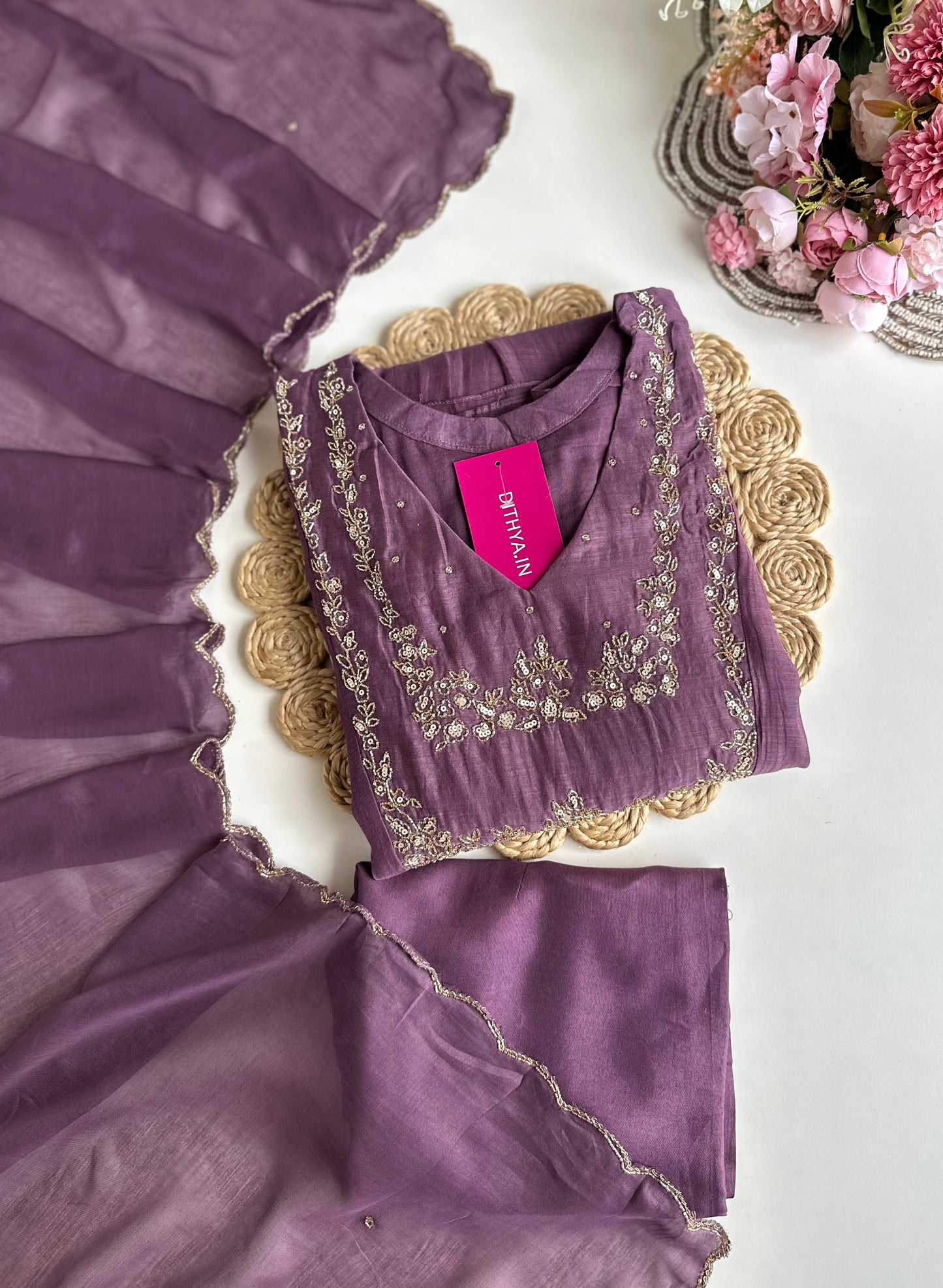 K076 - Mul Chanderi handwork Aline Kurti with pants and dupatta