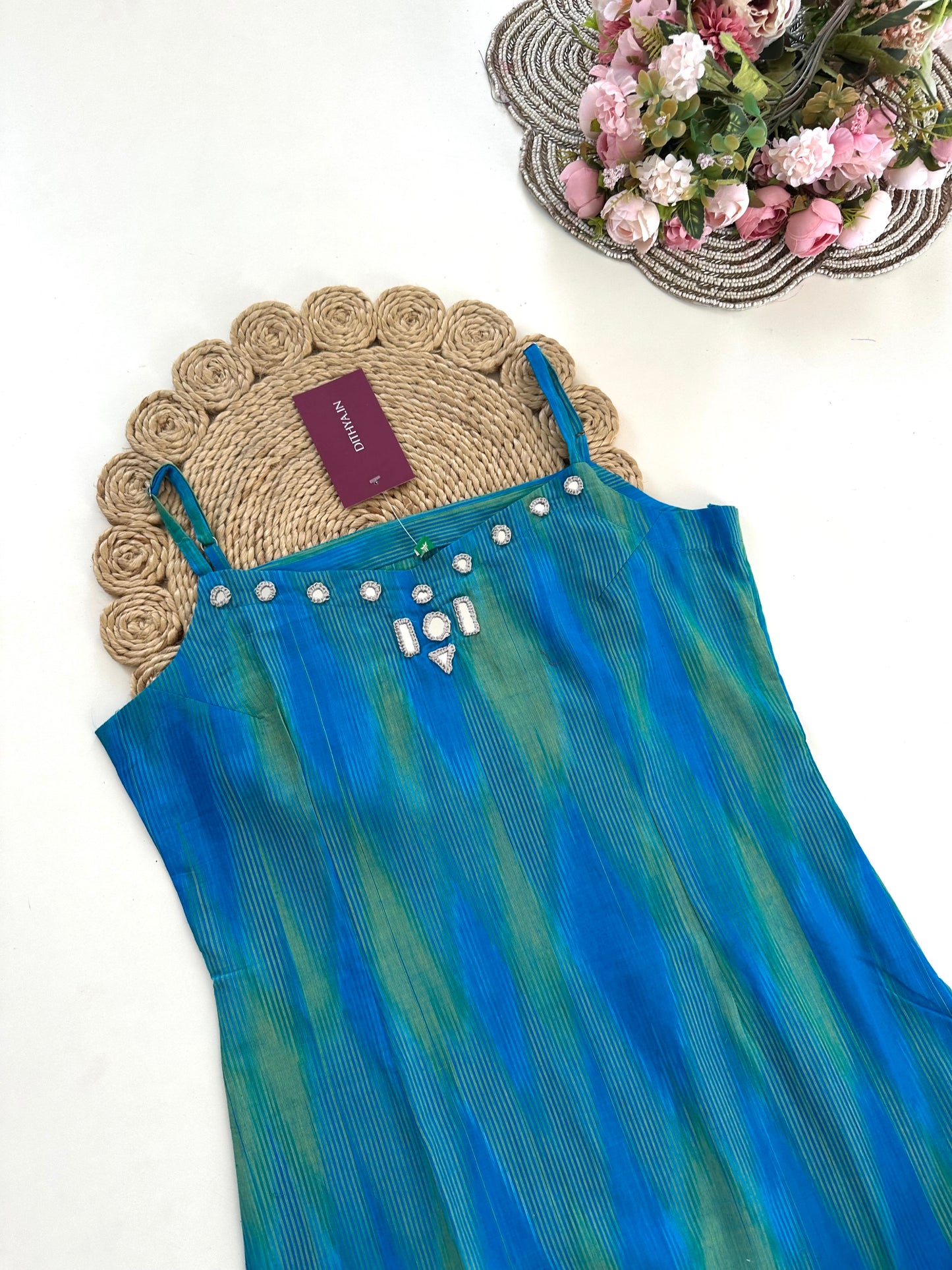 K040 - Cotton strap mirror work Kurti with pants in 3 colours