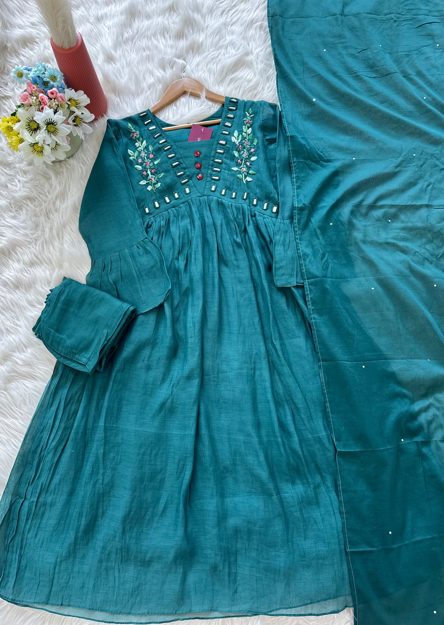 K244 - Mul Chanderi mirror embroidered Aline Kurti with pants and dupatta