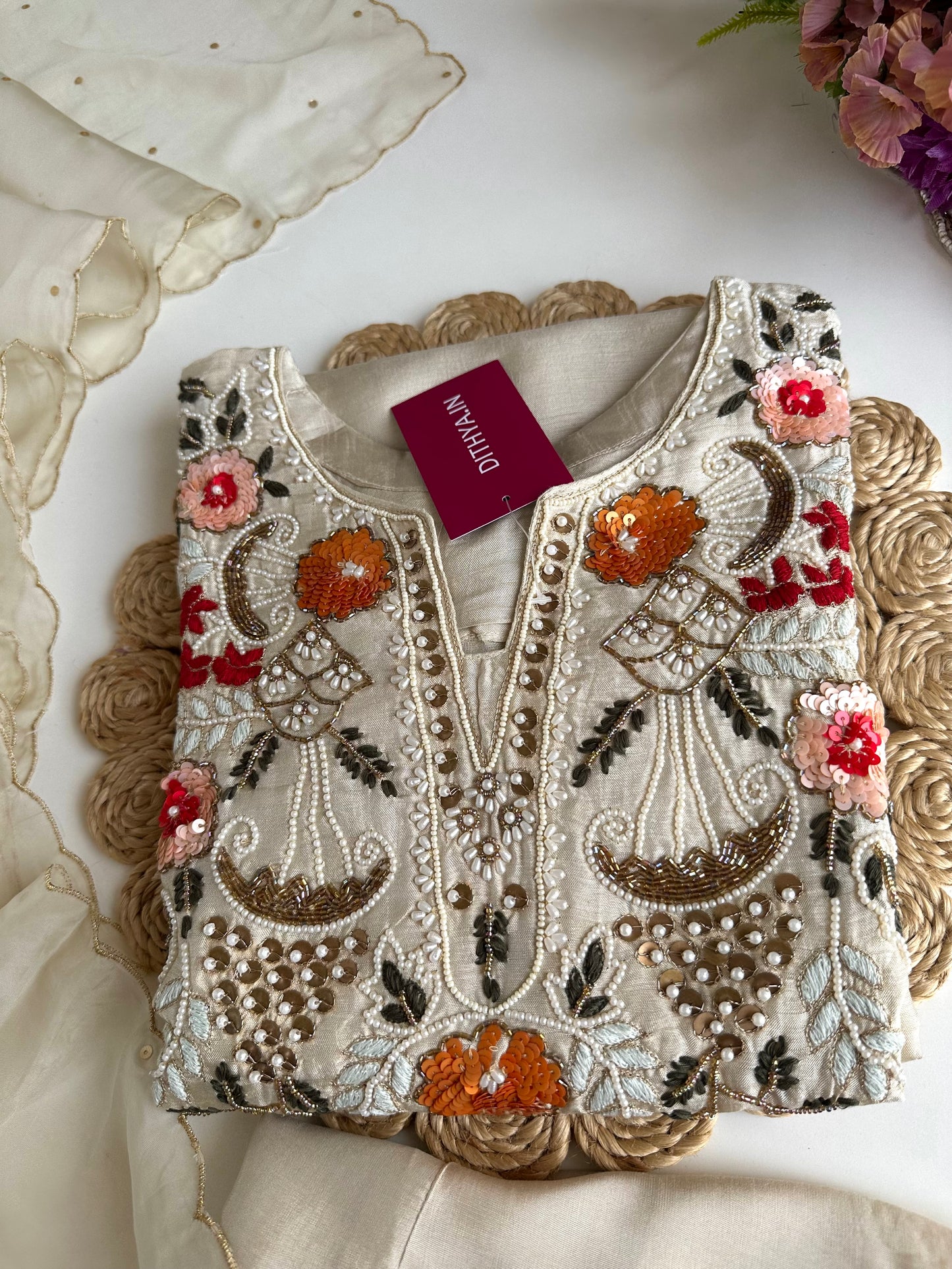 K332 - Russian silk handwork straight Kurti with pants and dupatta